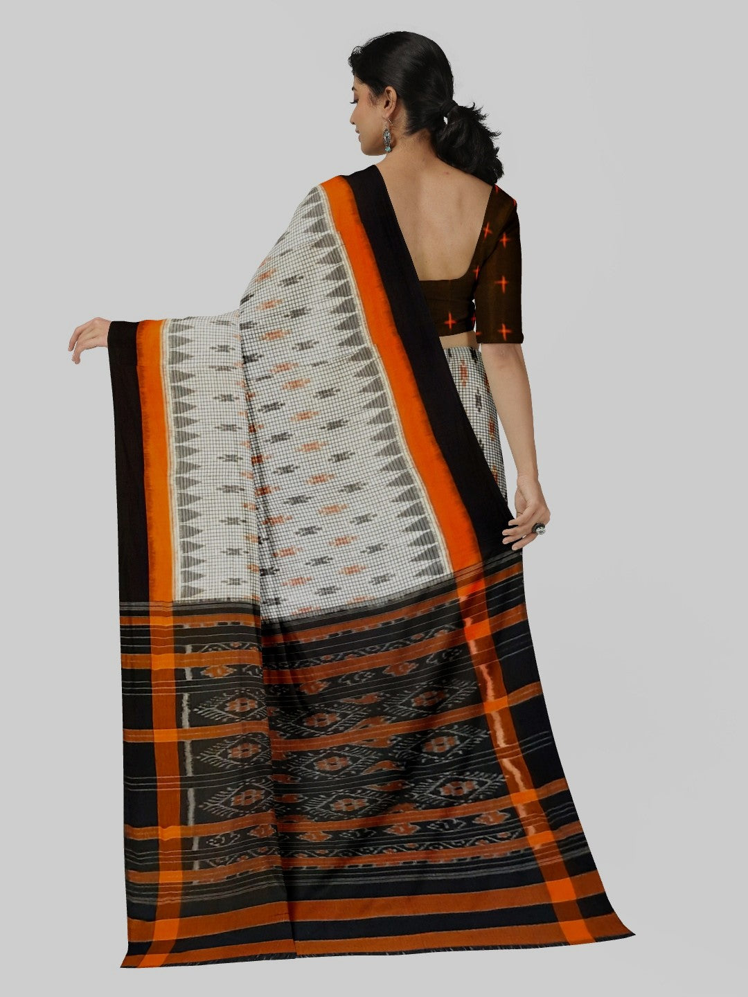 White checks on body Cotton Odisha Ikat saree  with  cotton ikat blouse piece
