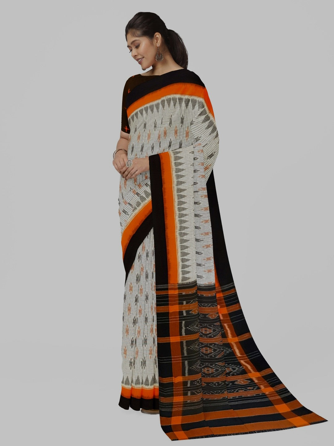 White checks on body Cotton Odisha Ikat saree  with  cotton ikat blouse piece