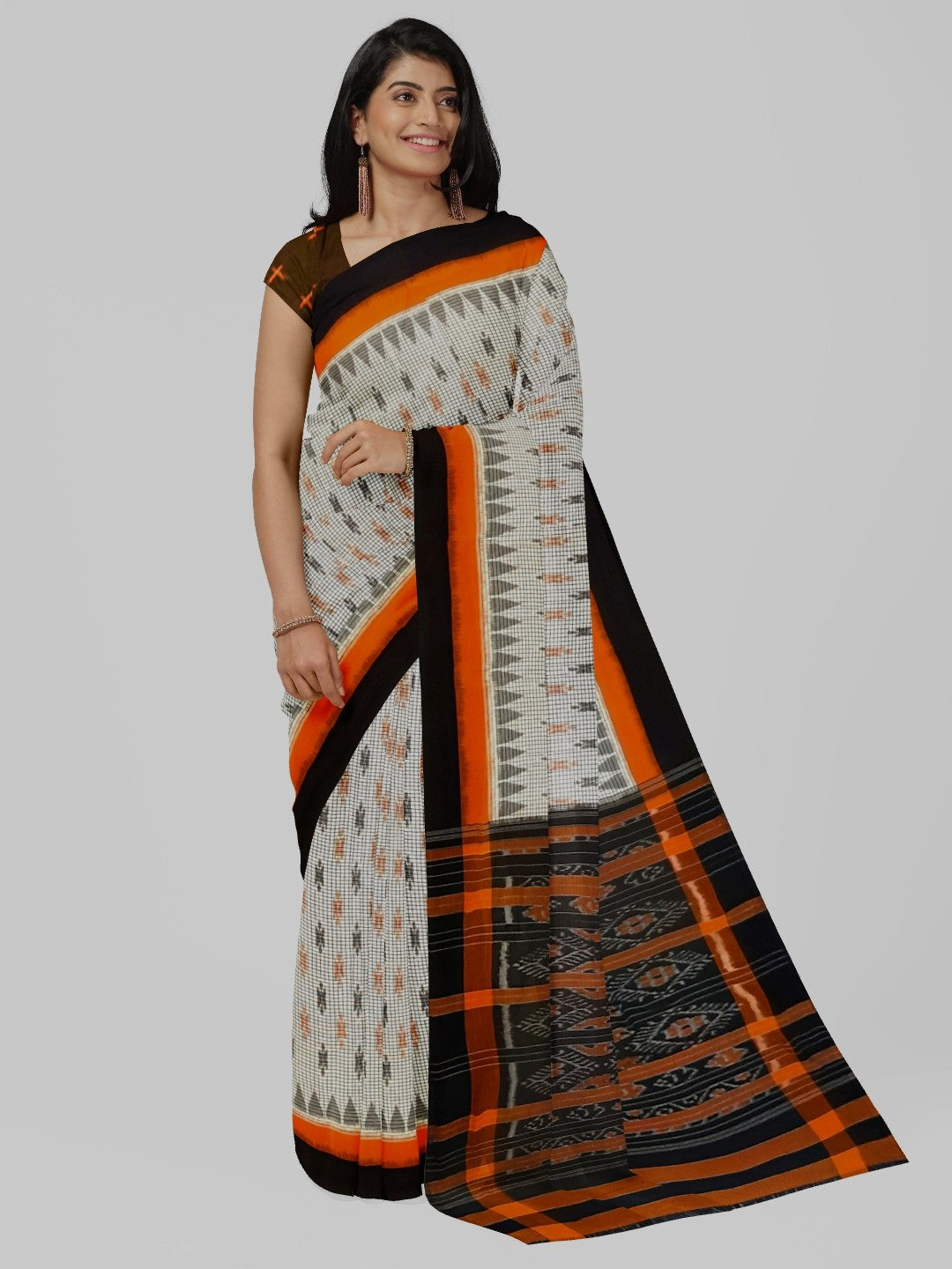 White checks on body Cotton Odisha Ikat saree  with  cotton ikat blouse piece