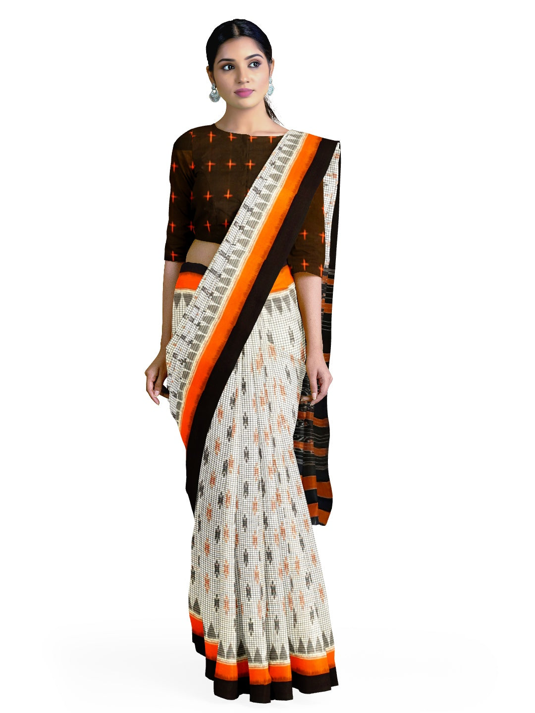 White checks on body Cotton Odisha Ikat saree  with  cotton ikat blouse piece