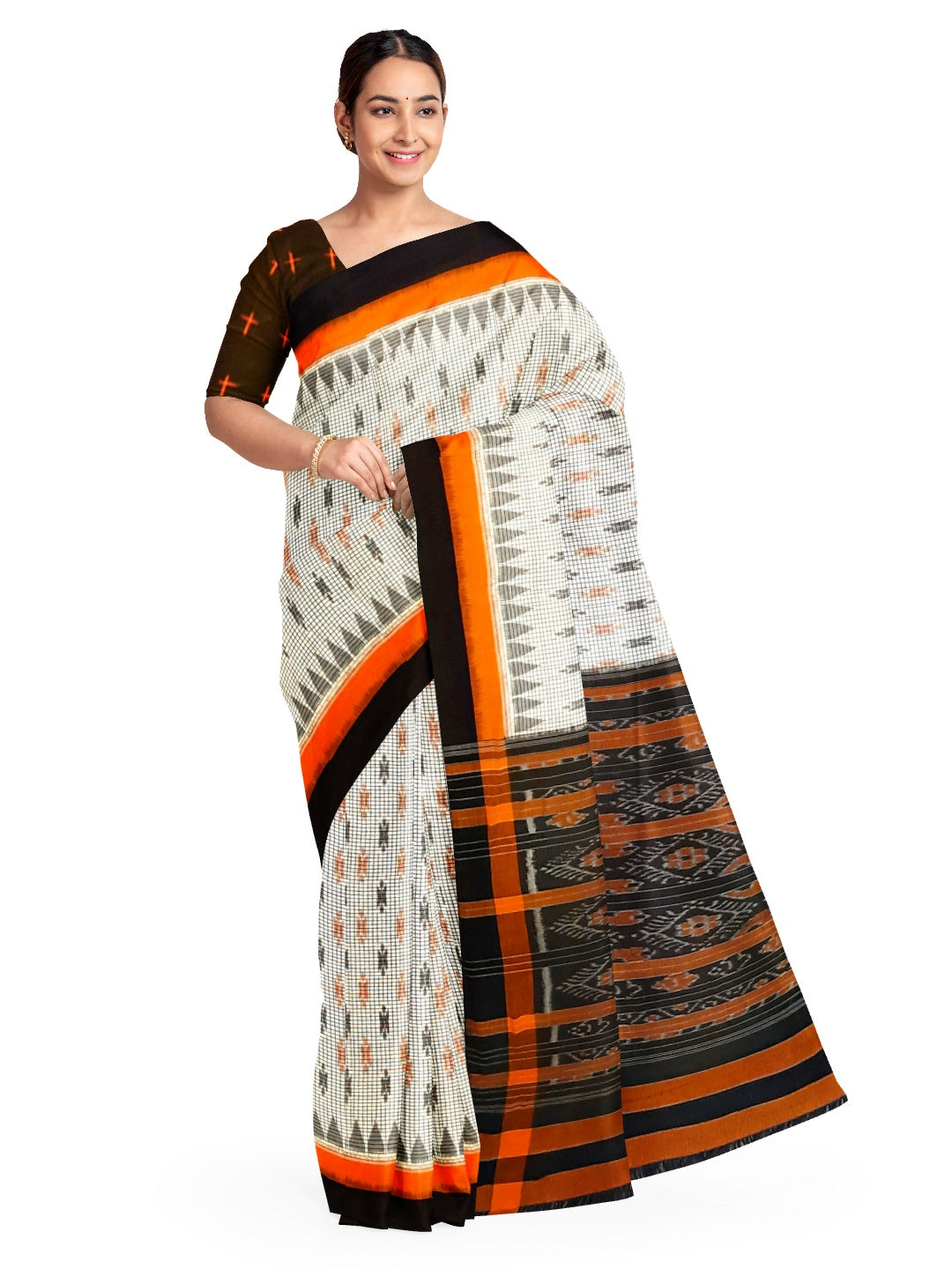 White checks on body Cotton Odisha Ikat saree  with  cotton ikat blouse piece