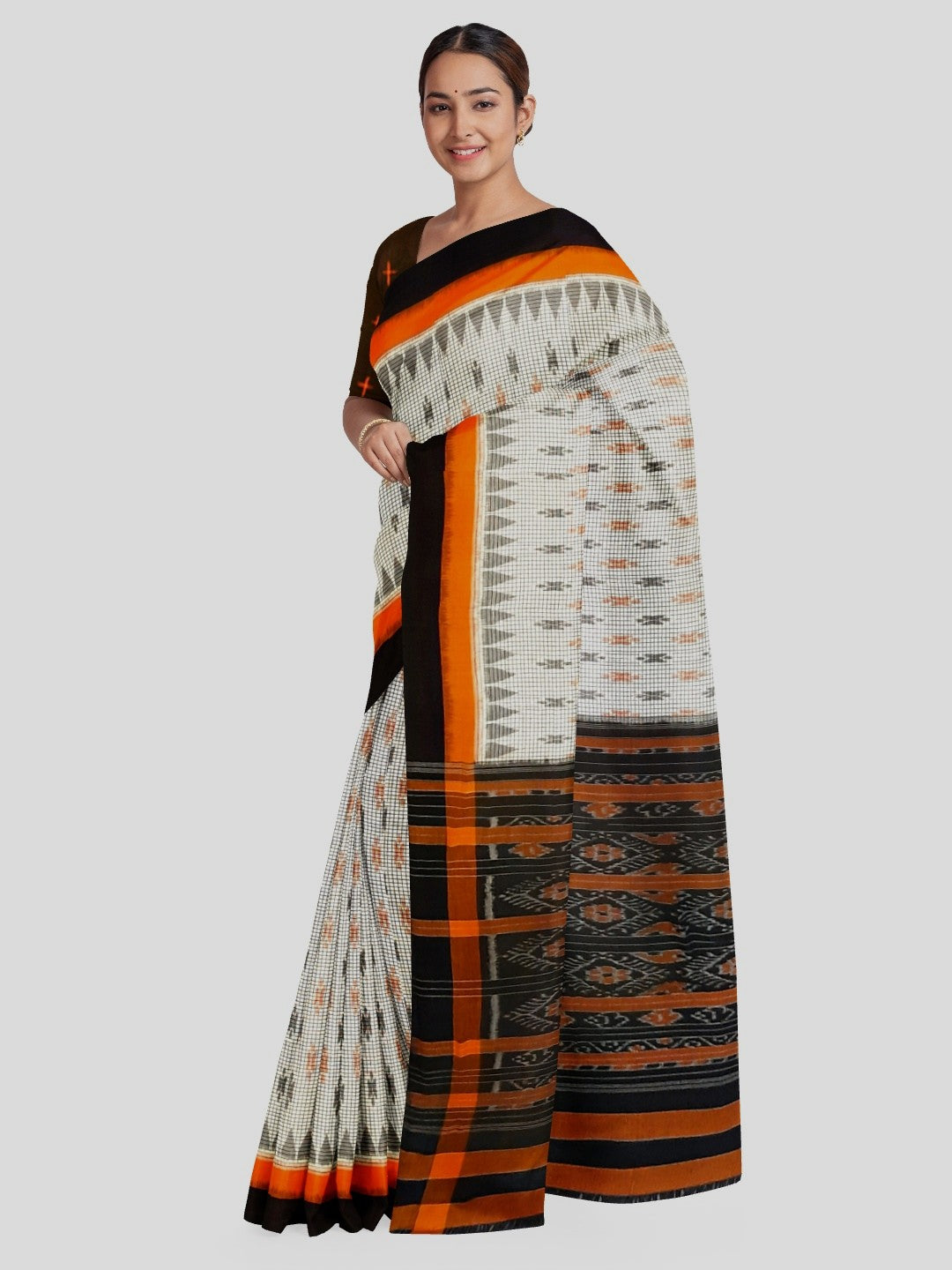 White checks on body Cotton Odisha Ikat saree  with  cotton ikat blouse piece
