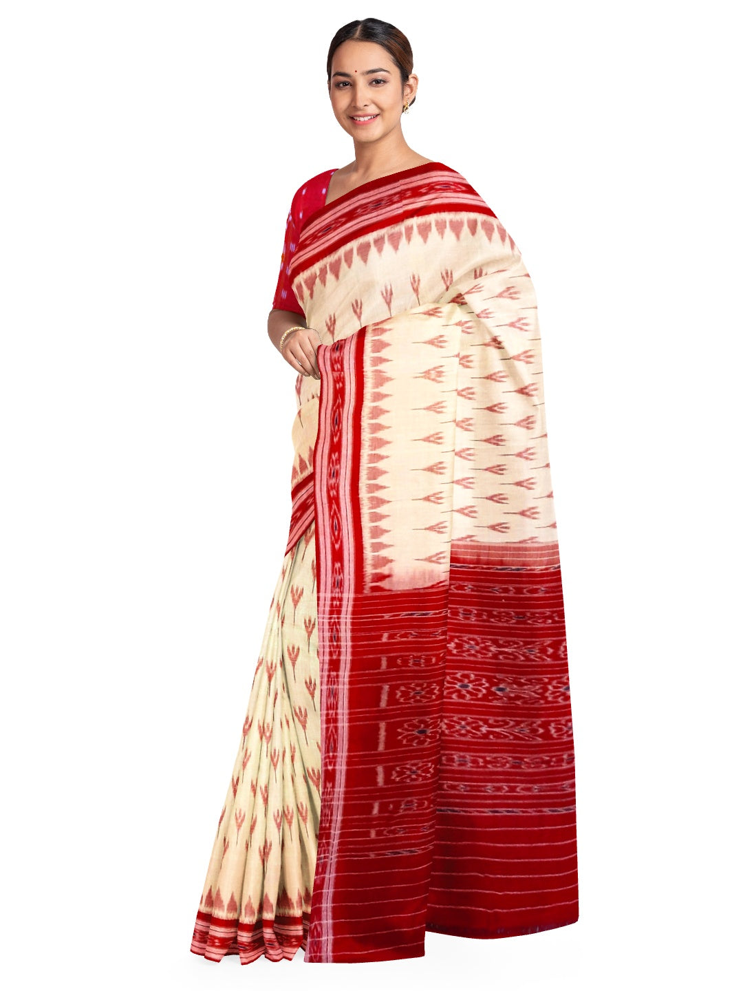 Beige with Red Cotton Odisha Ikat saree  with  cotton ikat blouse piece