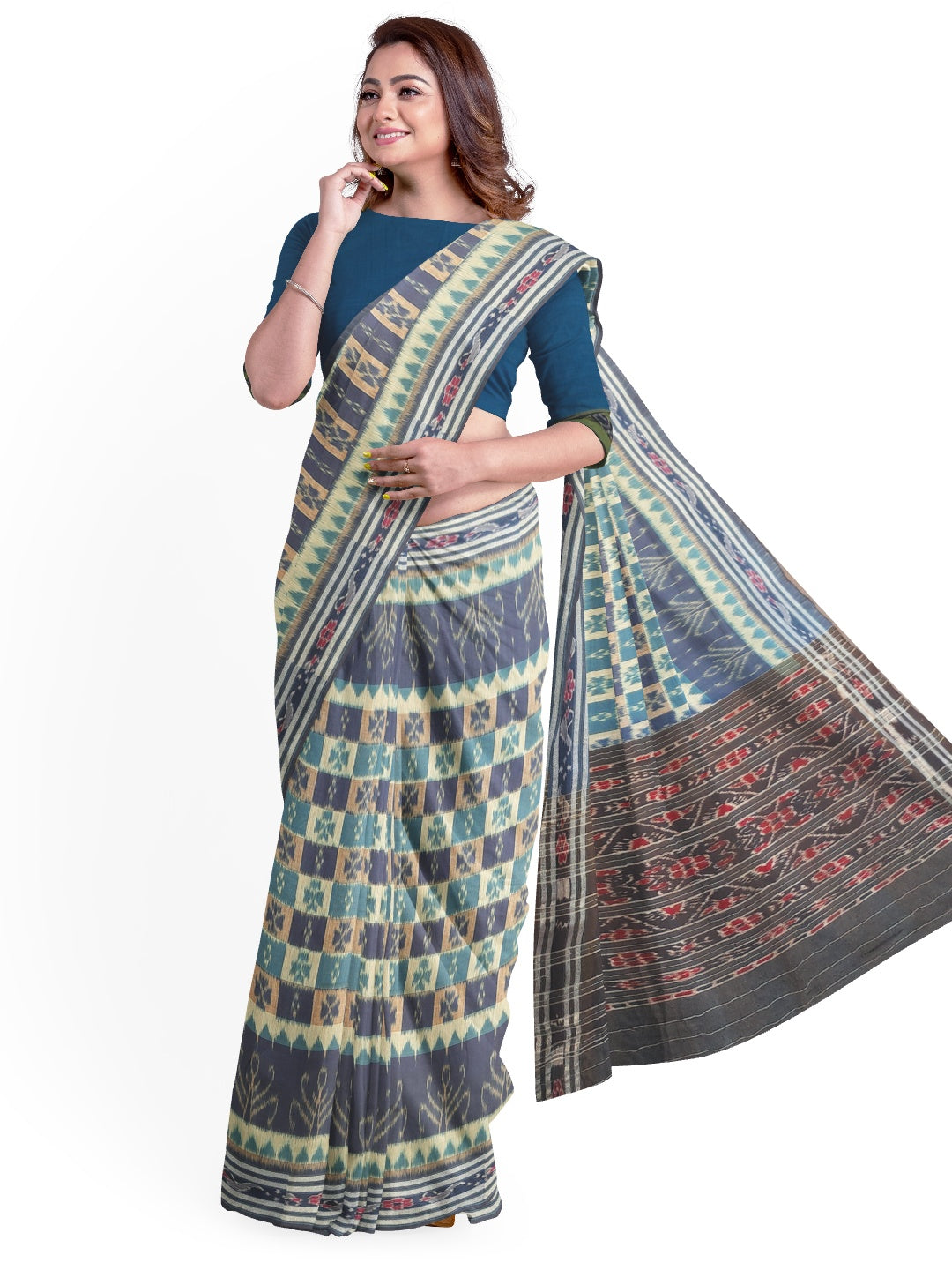 Blue hyco design Cotton Odisha Ikat saree  with  cotton ikat blouse piece