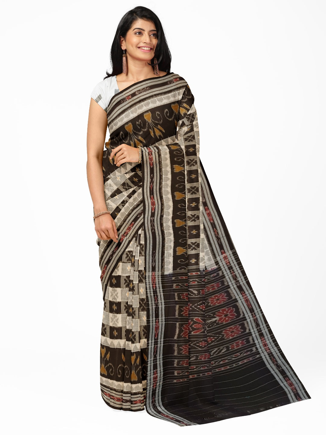 Black hyco design Cotton Odisha Ikat saree  with  cotton ikat blouse piece