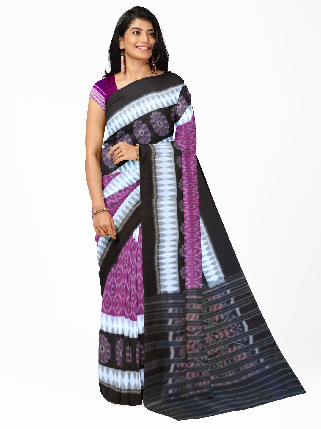Purple with white colour Cotton Odisha Ikat saree  with  cotton ikat blouse piece