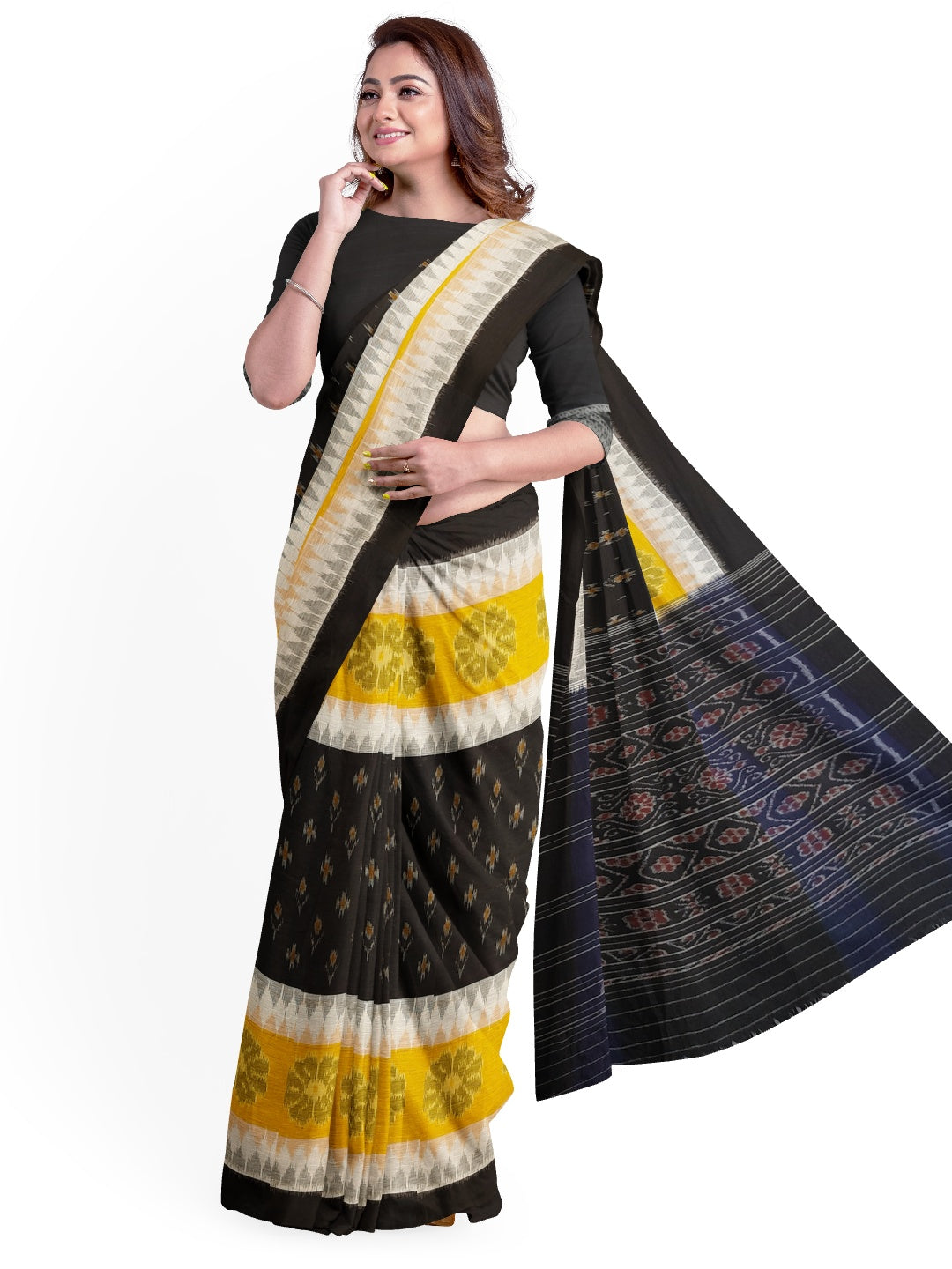 Yellow with Black Cotton Odisha Ikat saree  with  cotton ikat blouse piece