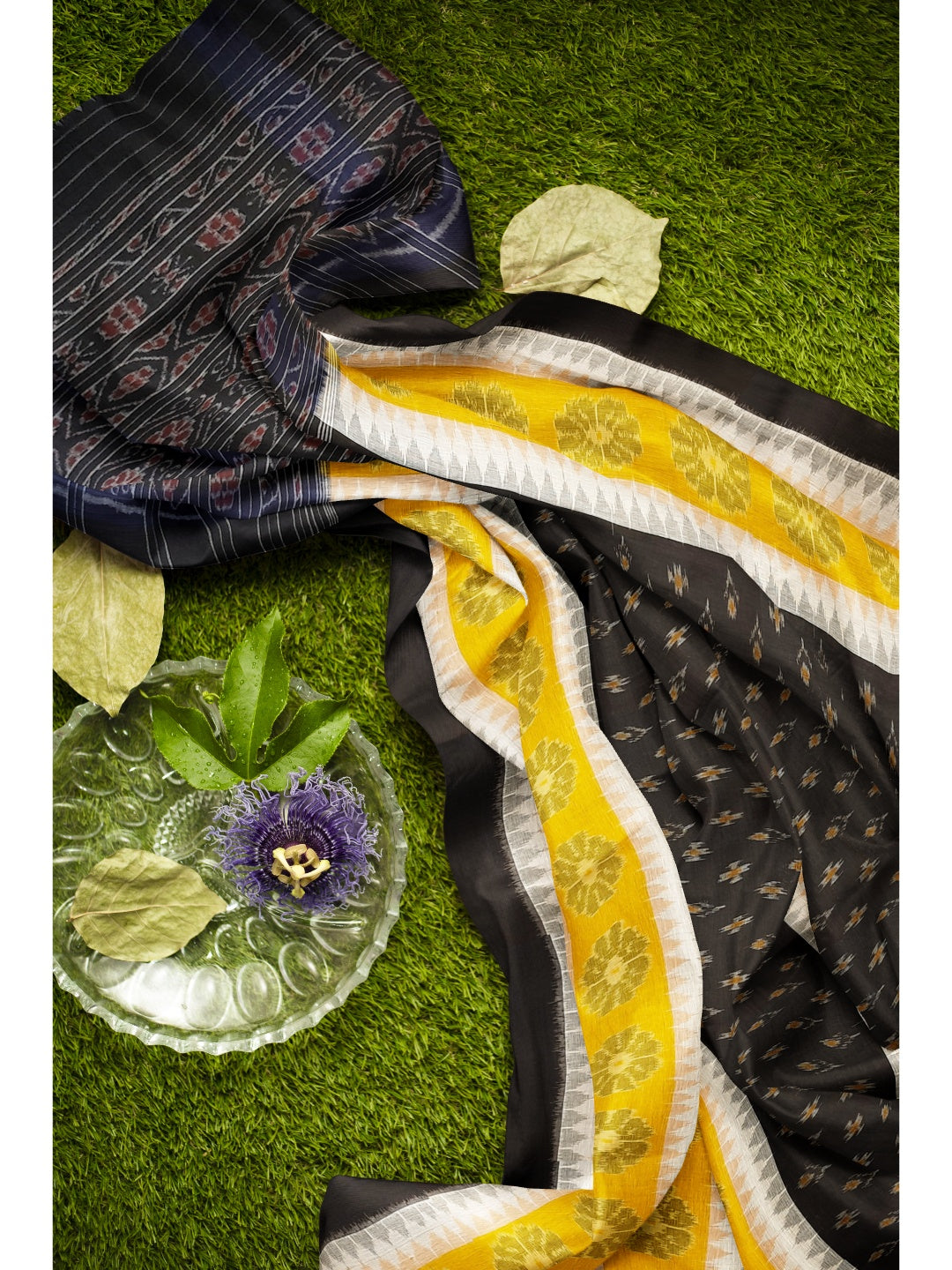 Yellow with Black Cotton Odisha Ikat saree  with  cotton ikat blouse piece
