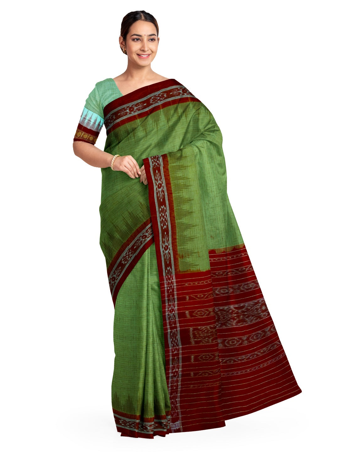 Green Odisha Ikat saree  with  Sambalpuri cotton ikat blouse piece