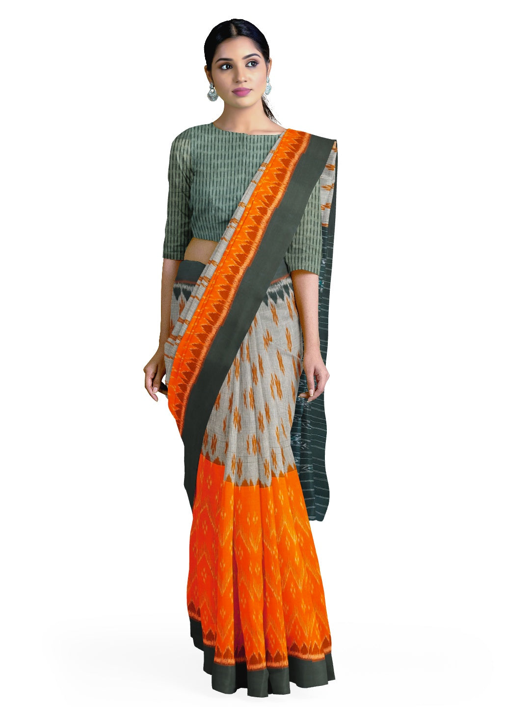 Grey Orange half half colored body Odisha Ikat saree with  Sambalpuri cotton ikat blouse piece