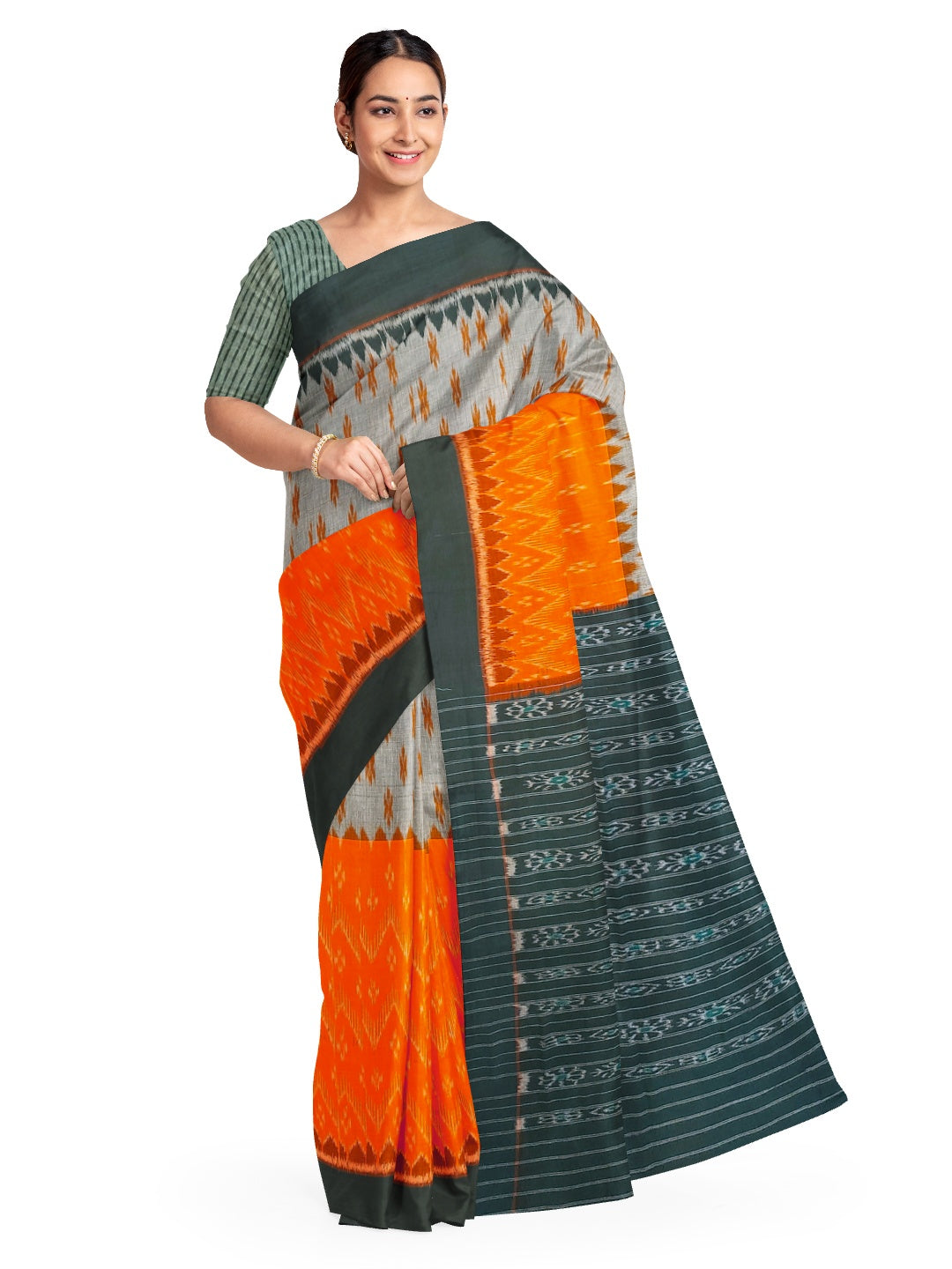 Grey Orange half half colored body Odisha Ikat saree with  Sambalpuri cotton ikat blouse piece