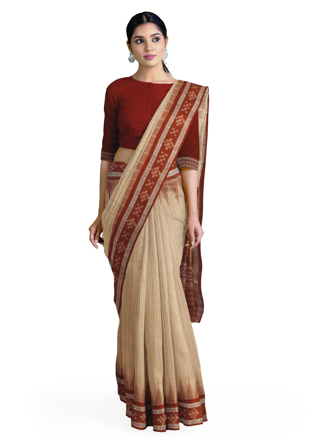 Beige Checkered body Cotton Odisha Ikat saree with mix match cotton ikat blouse