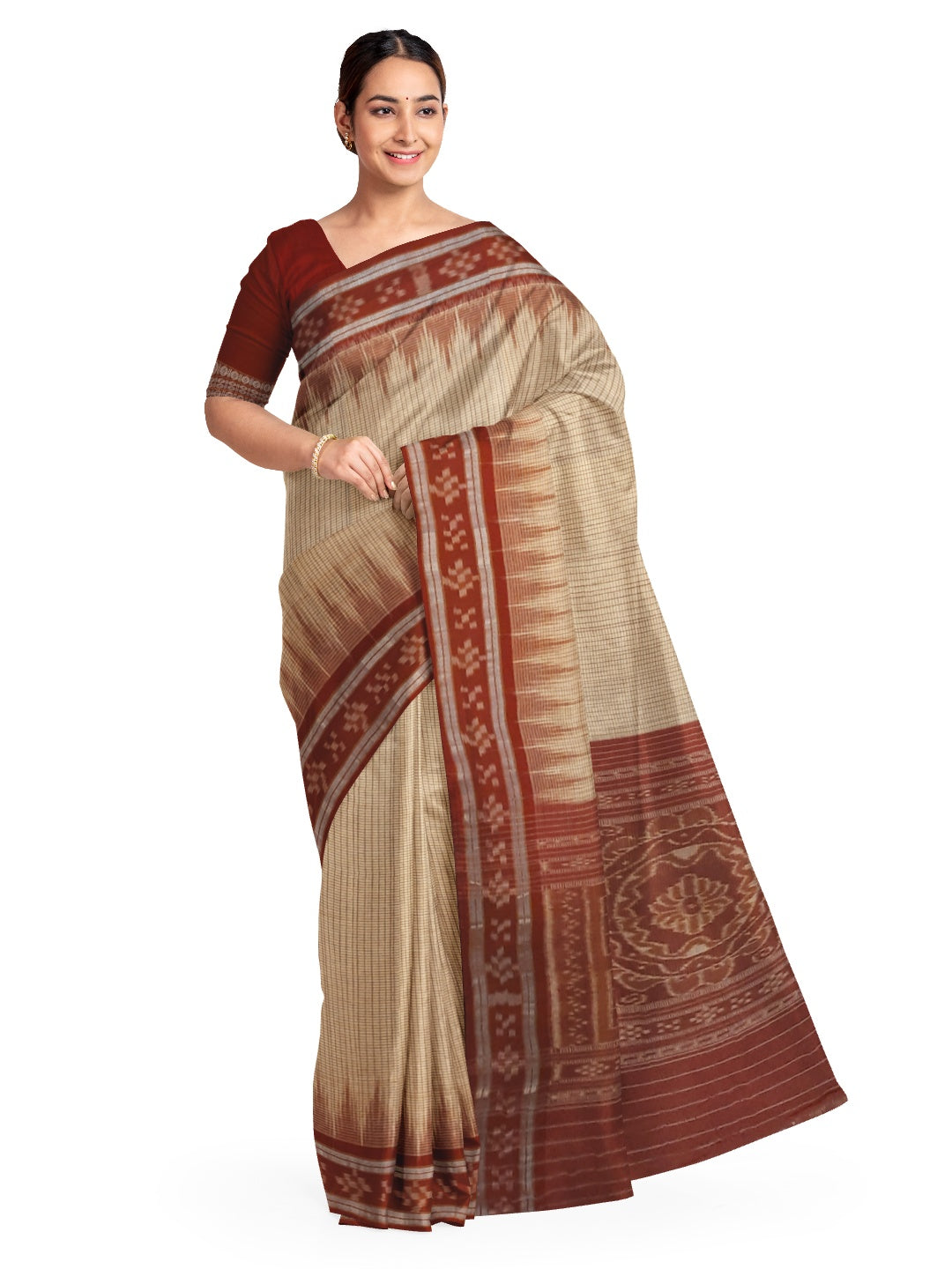 Beige Checkered body Cotton Odisha Ikat saree with mix match cotton ikat blouse