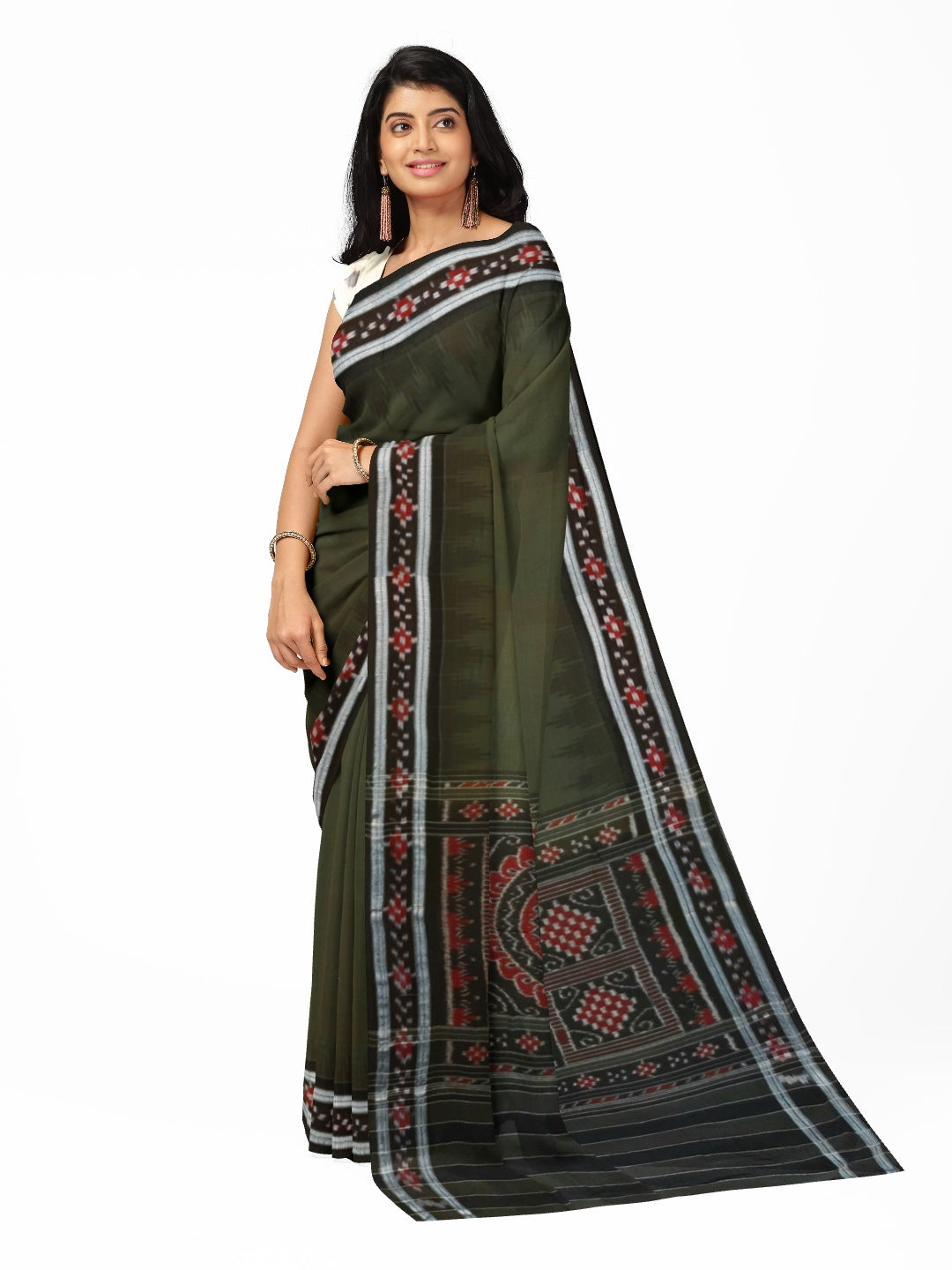Green Cotton Odisha Ikat saree with mix match cotton ikat blouse