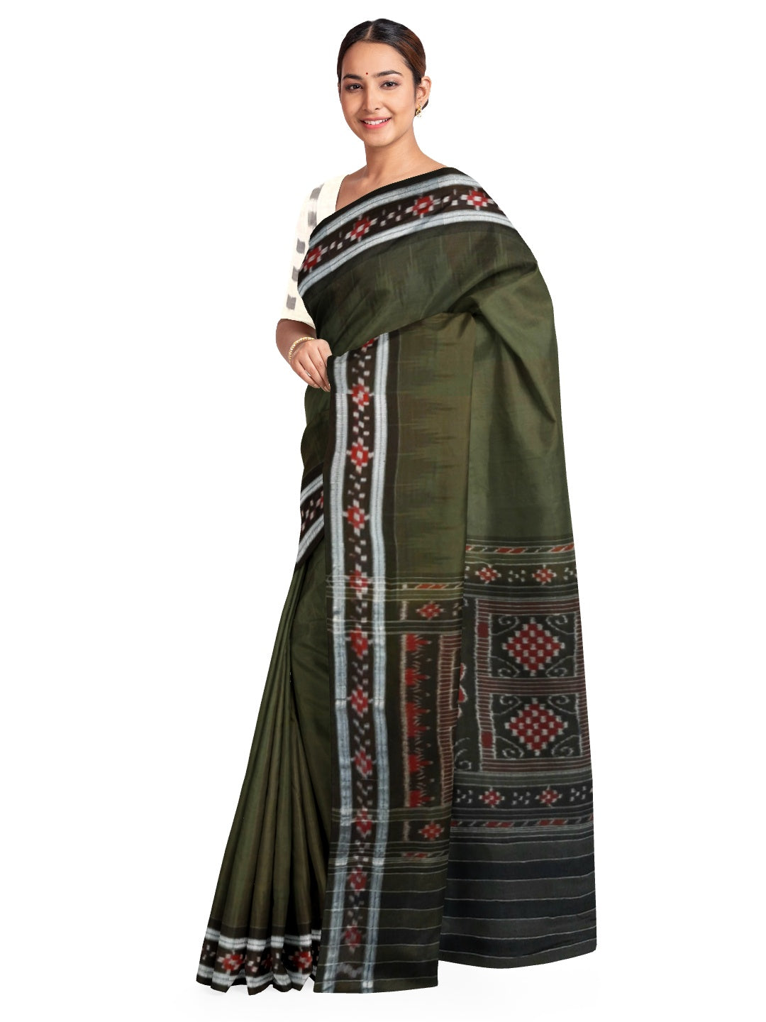Green Cotton Odisha Ikat saree with mix match cotton ikat blouse
