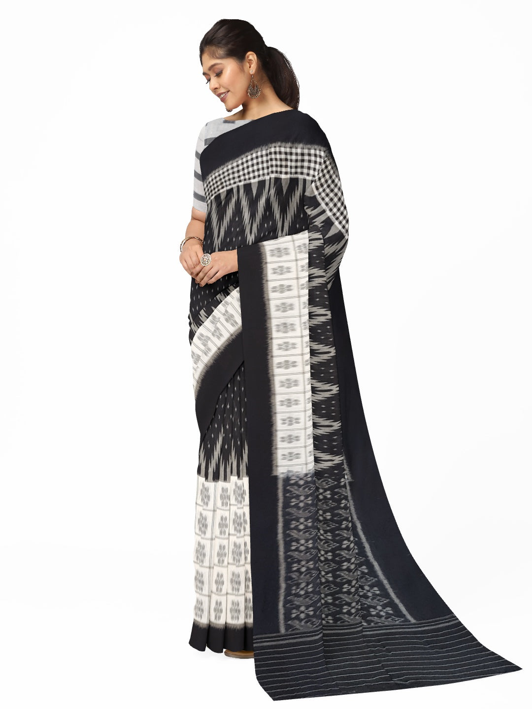 Black and White Cotton Odisha Ikat saree with mix match cotton ikat blouse