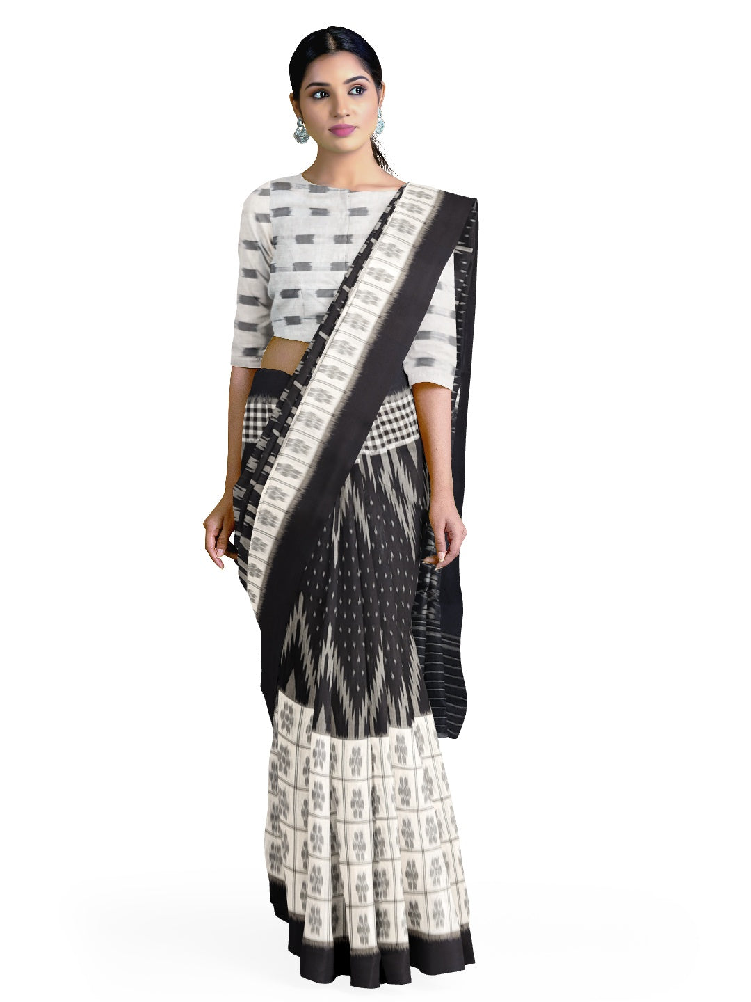 Black and White Cotton Odisha Ikat saree with mix match cotton ikat blouse