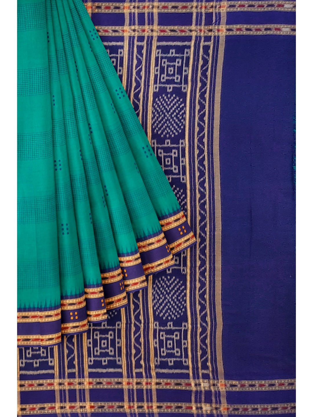 Green Blue buti Cotton Odisha Ikat saree with mix match cotton ikat blouse