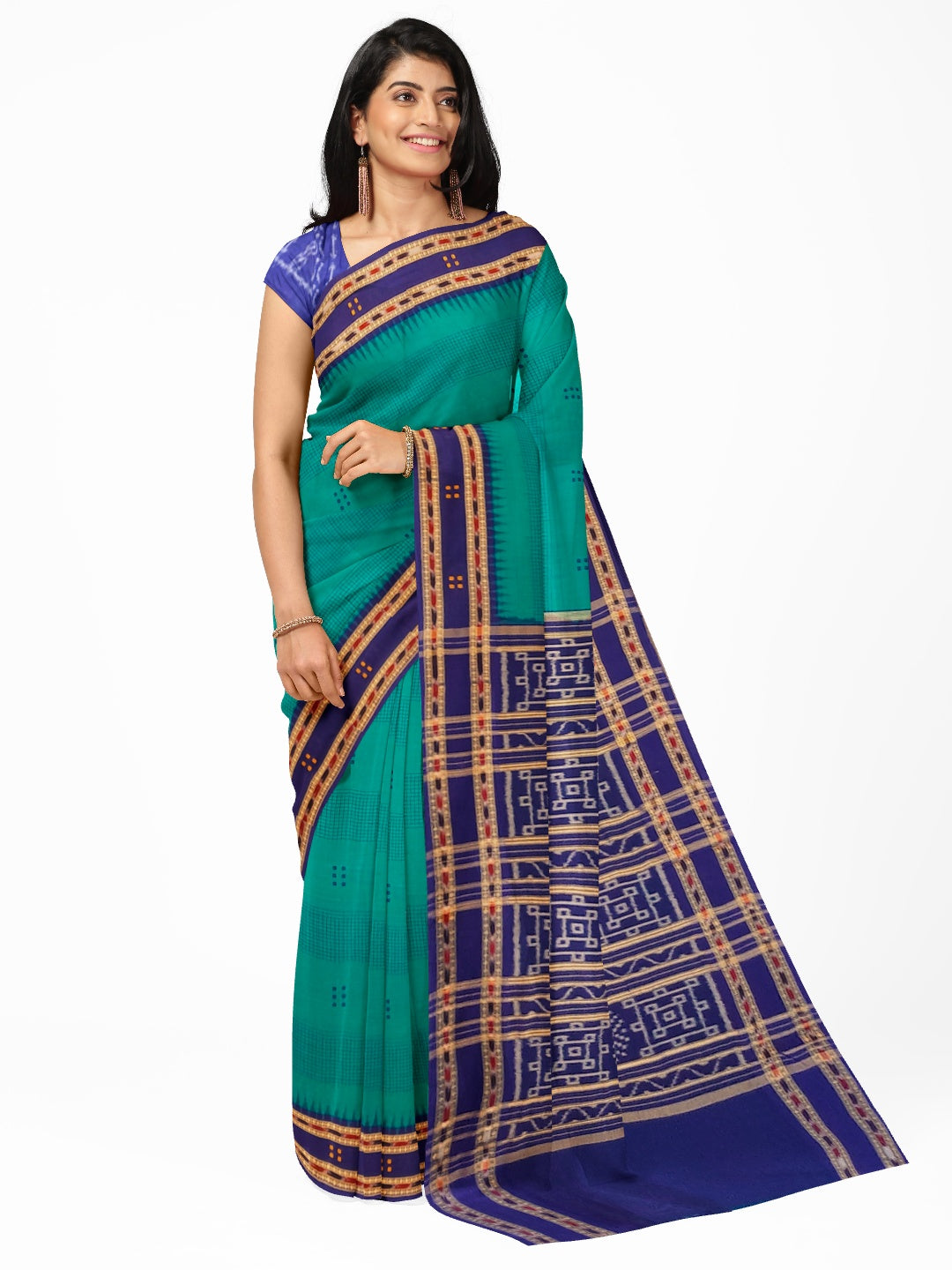 Green Blue buti Cotton Odisha Ikat saree with mix match cotton ikat blouse