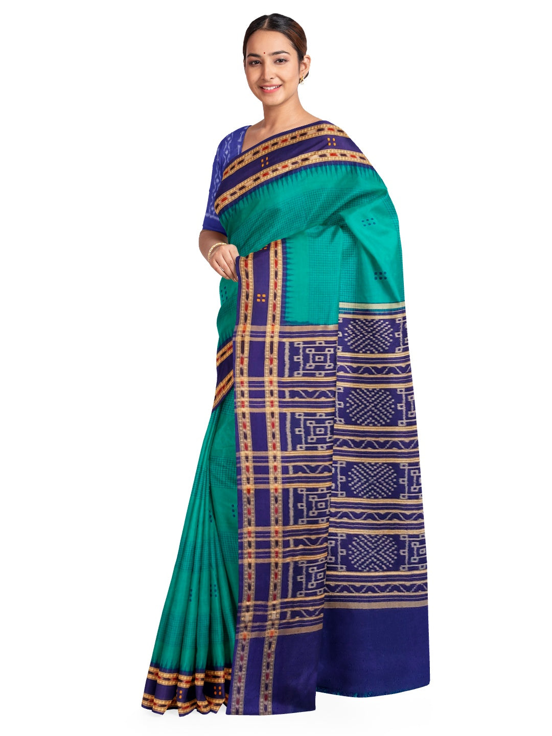 Green Blue buti Cotton Odisha Ikat saree with mix match cotton ikat blouse
