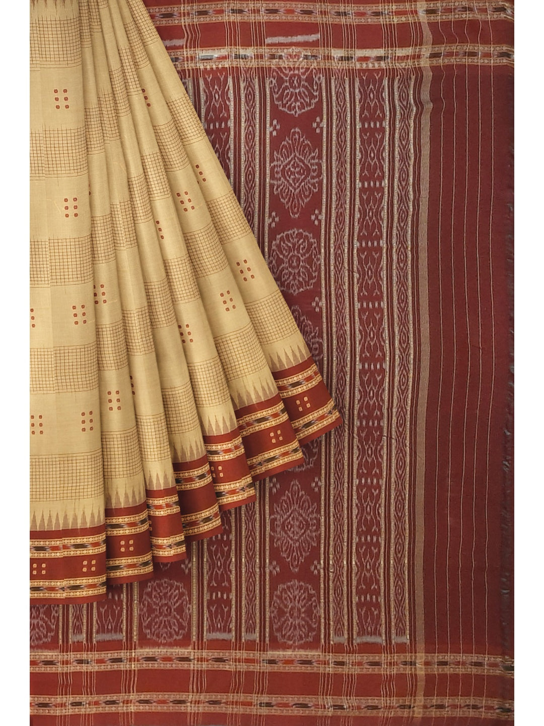 Beige Maroon buti Cotton Odisha Ikat saree with mix match cotton ikat blouse