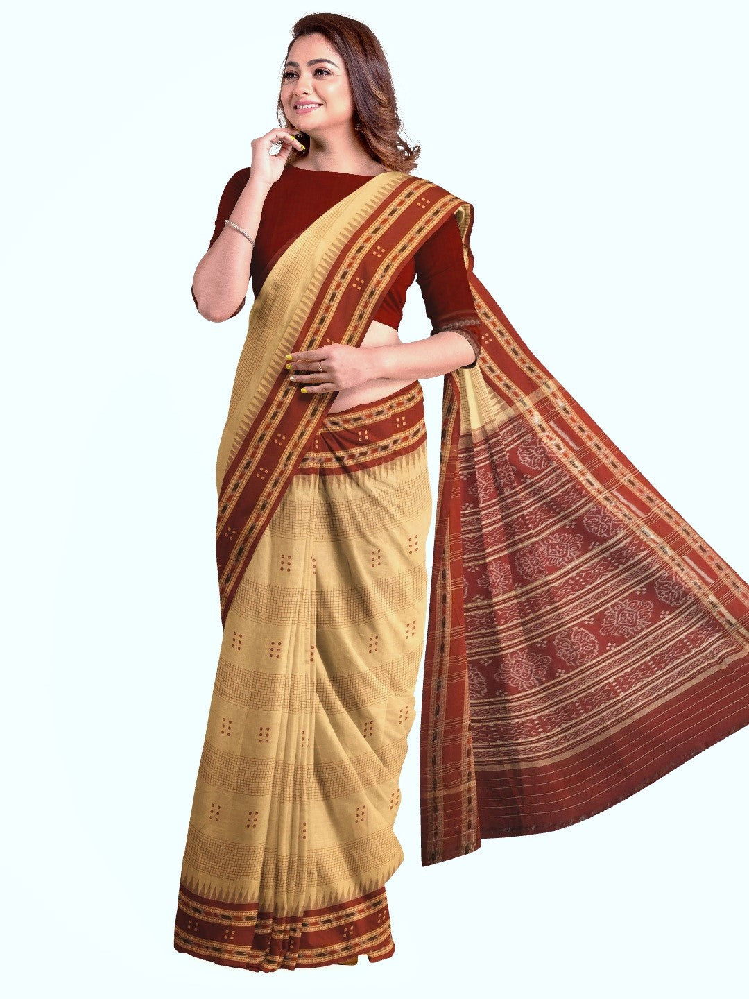Beige Maroon buti Cotton Odisha Ikat saree with mix match cotton ikat blouse