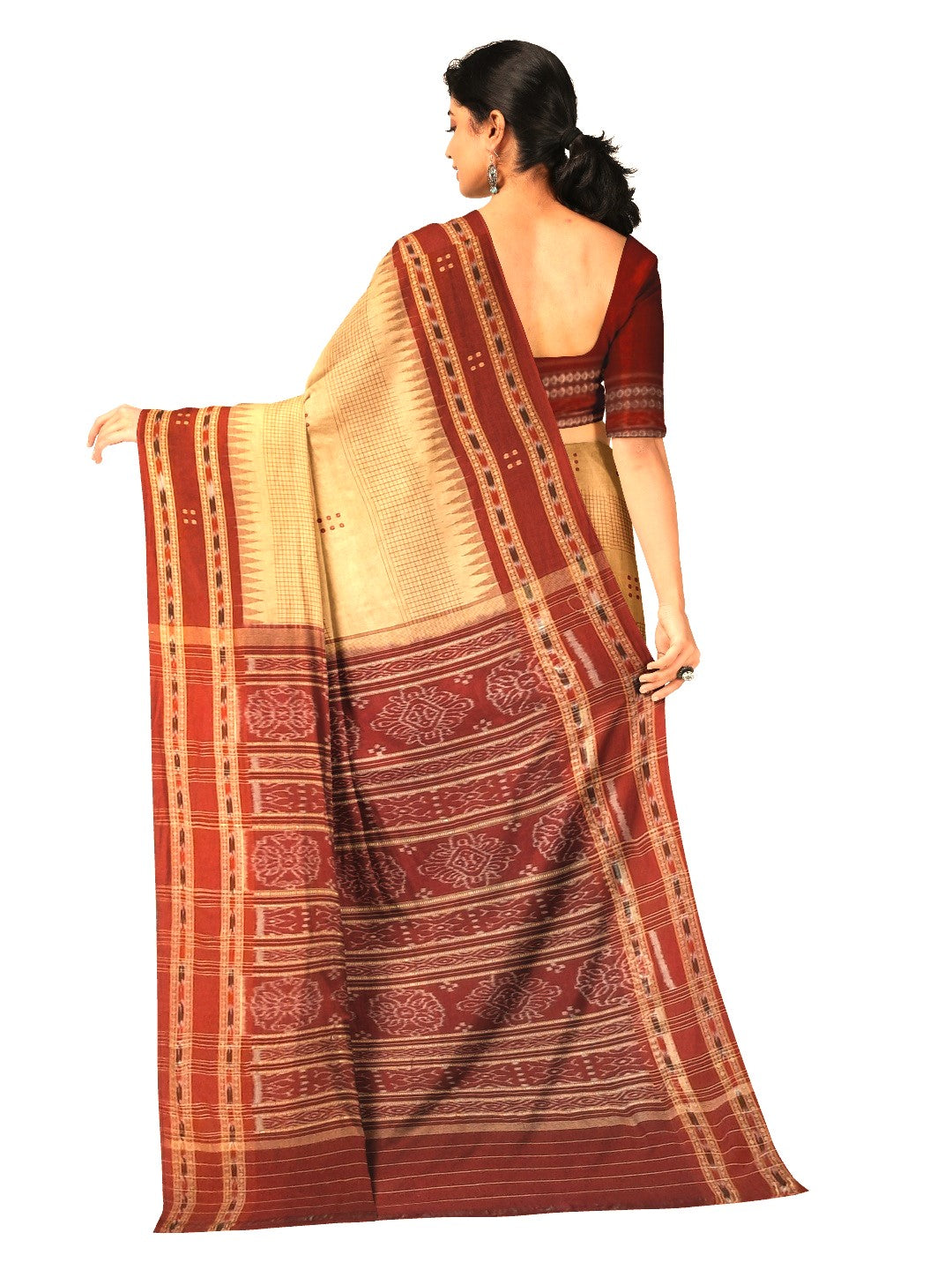 Beige Maroon buti Cotton Odisha Ikat saree with mix match cotton ikat blouse