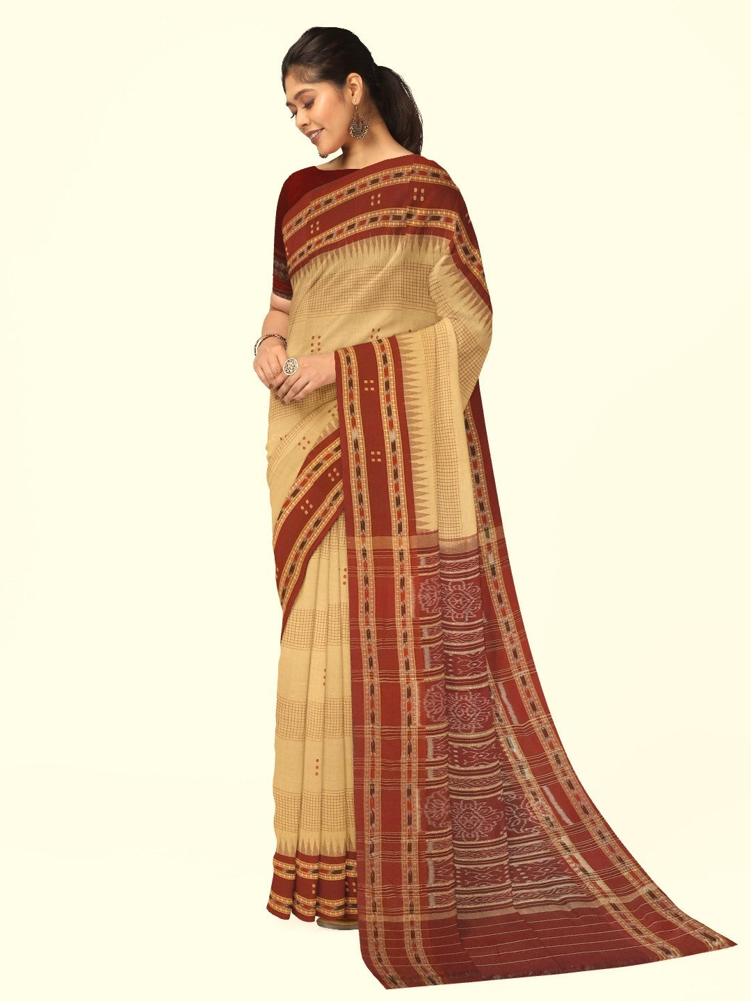 Beige Maroon buti Cotton Odisha Ikat saree with mix match cotton ikat blouse