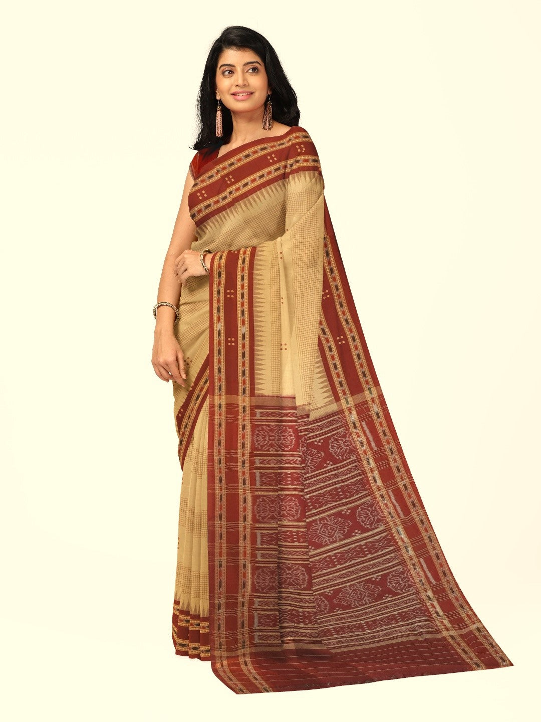 Beige Maroon buti Cotton Odisha Ikat saree with mix match cotton ikat blouse
