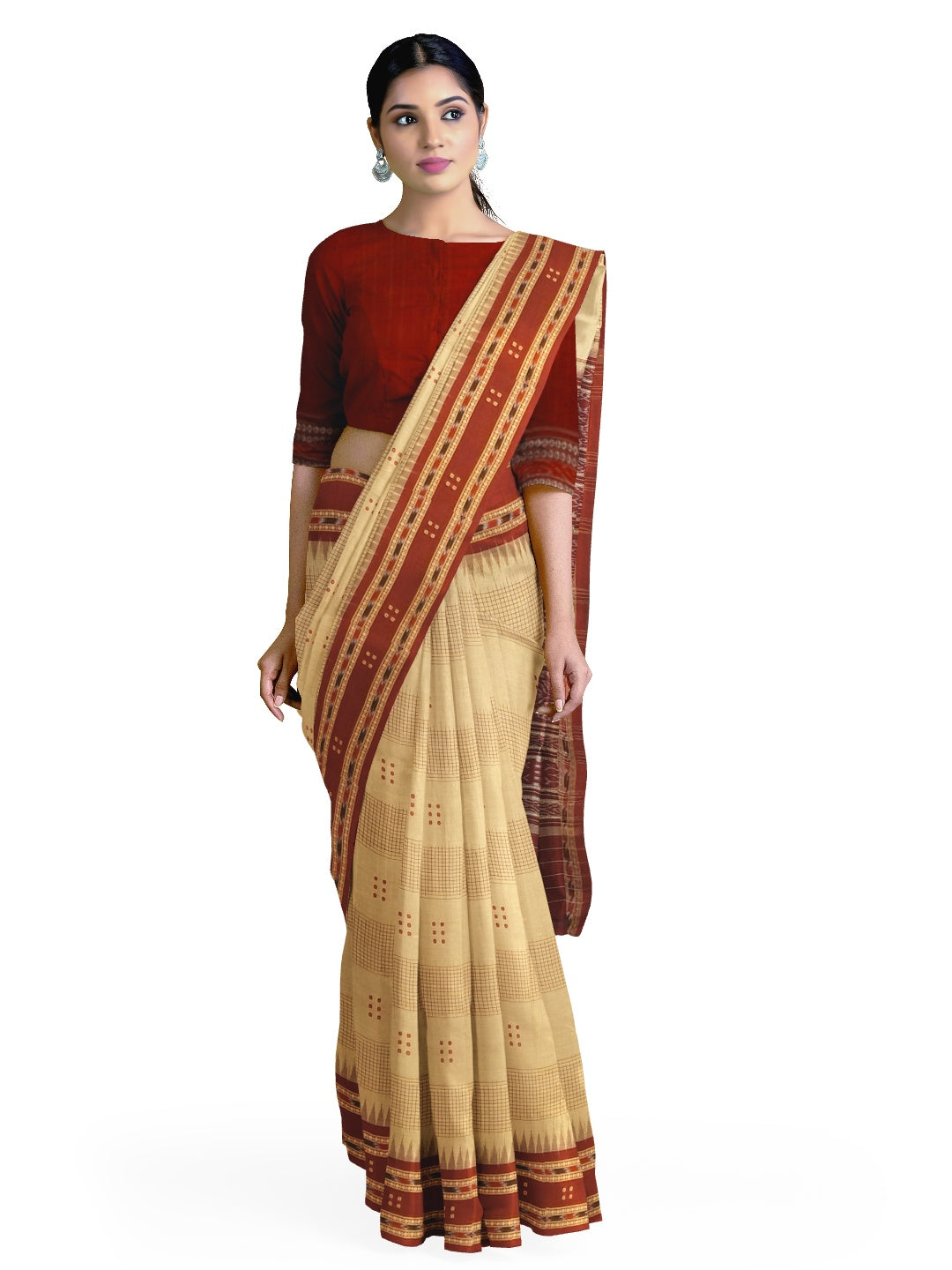 Beige Maroon buti Cotton Odisha Ikat saree with mix match cotton ikat blouse