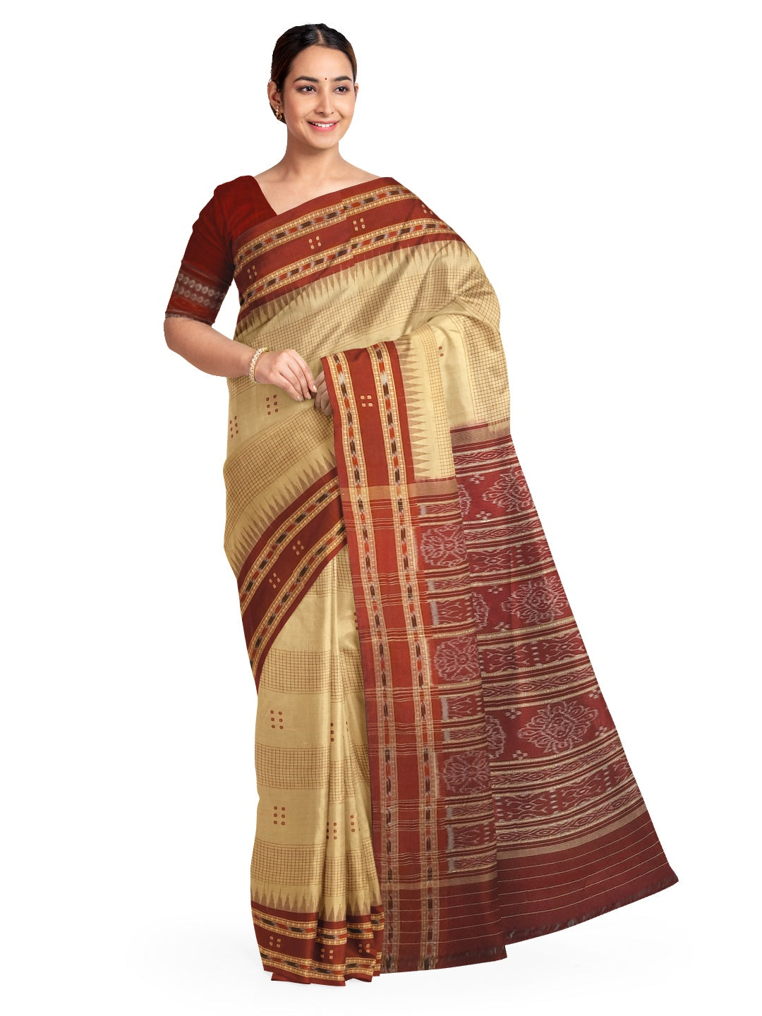 Beige Maroon buti Cotton Odisha Ikat saree with mix match cotton ikat blouse