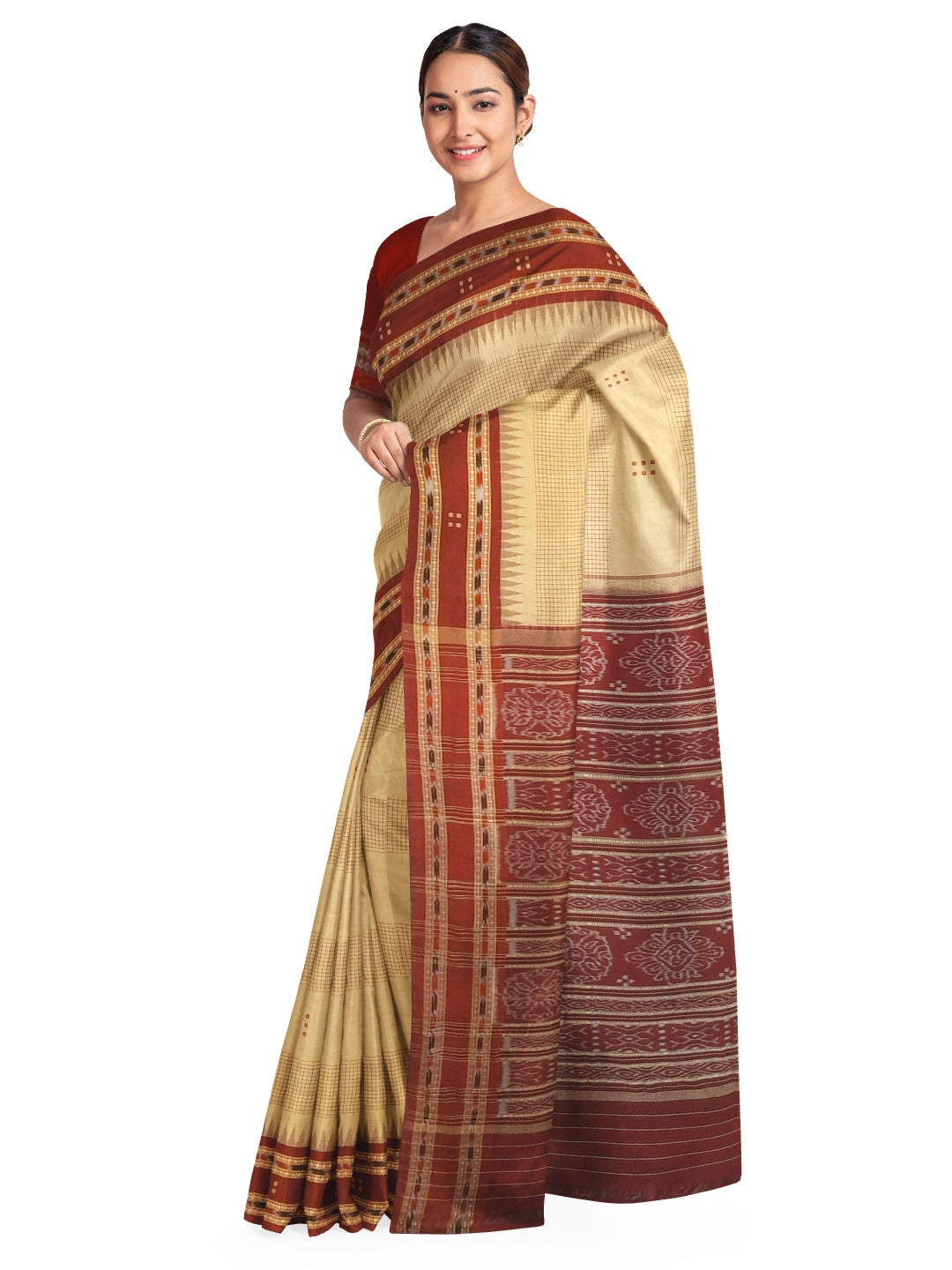 Beige Maroon buti Cotton Odisha Ikat saree with mix match cotton ikat blouse