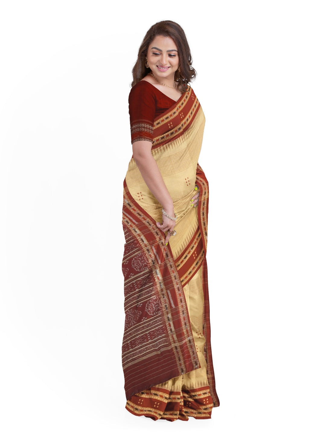 Beige Maroon buti Cotton Odisha Ikat saree with mix match cotton ikat blouse