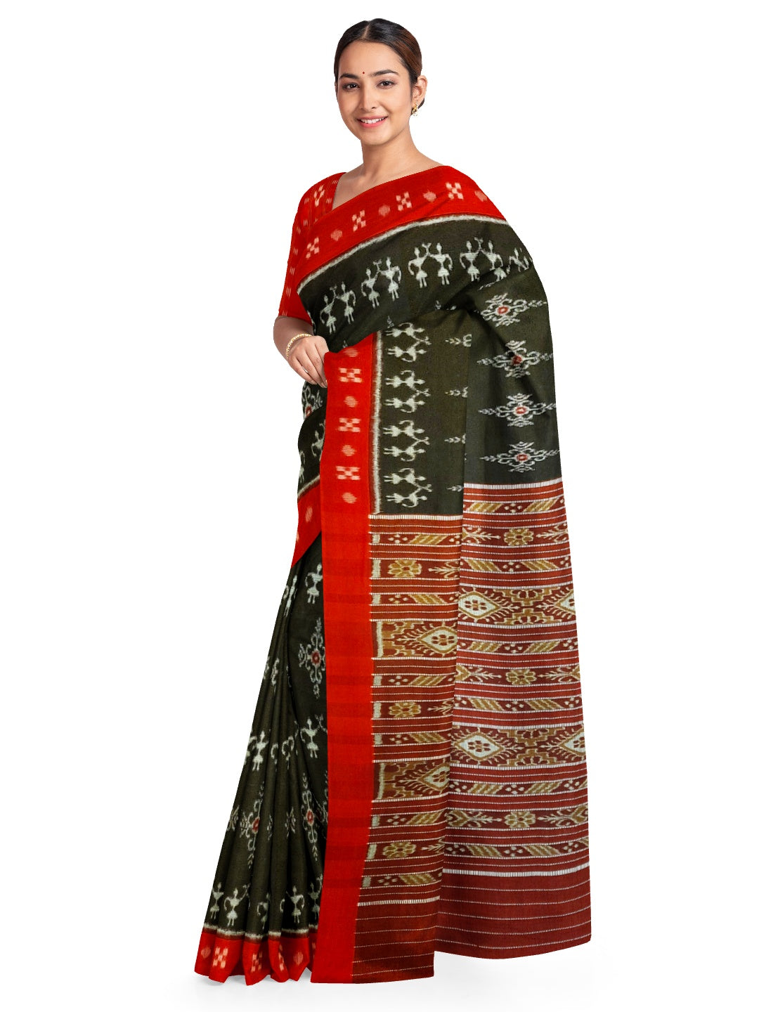 Black with Red Cotton Odisha Ikat saree  with matching blouse piece