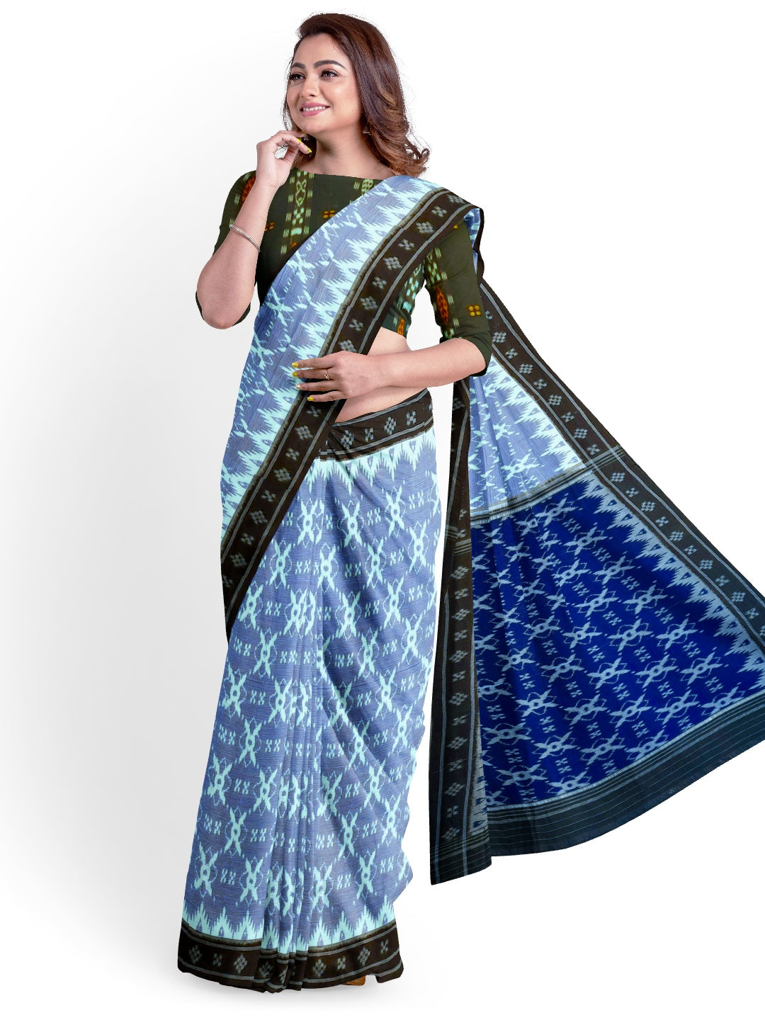 Grey with Blue Cotton Odisha Ikat saree  with matching blouse piece