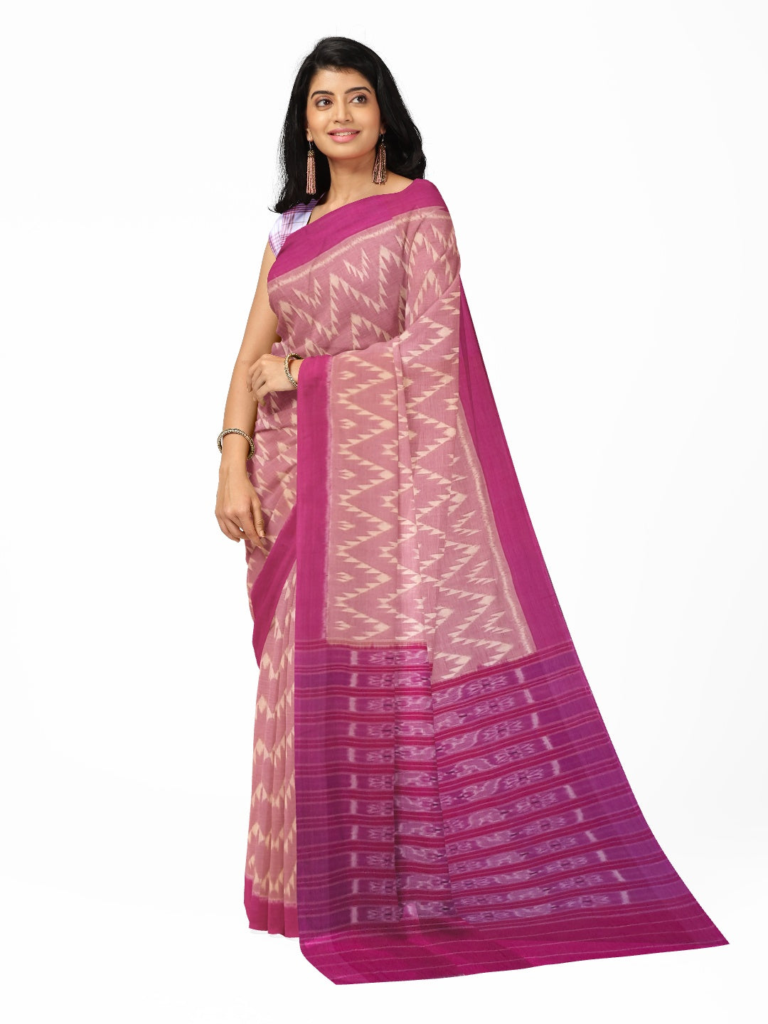 Pink Cotton Odisha Ikat saree  with mix match cotton ikat blouse