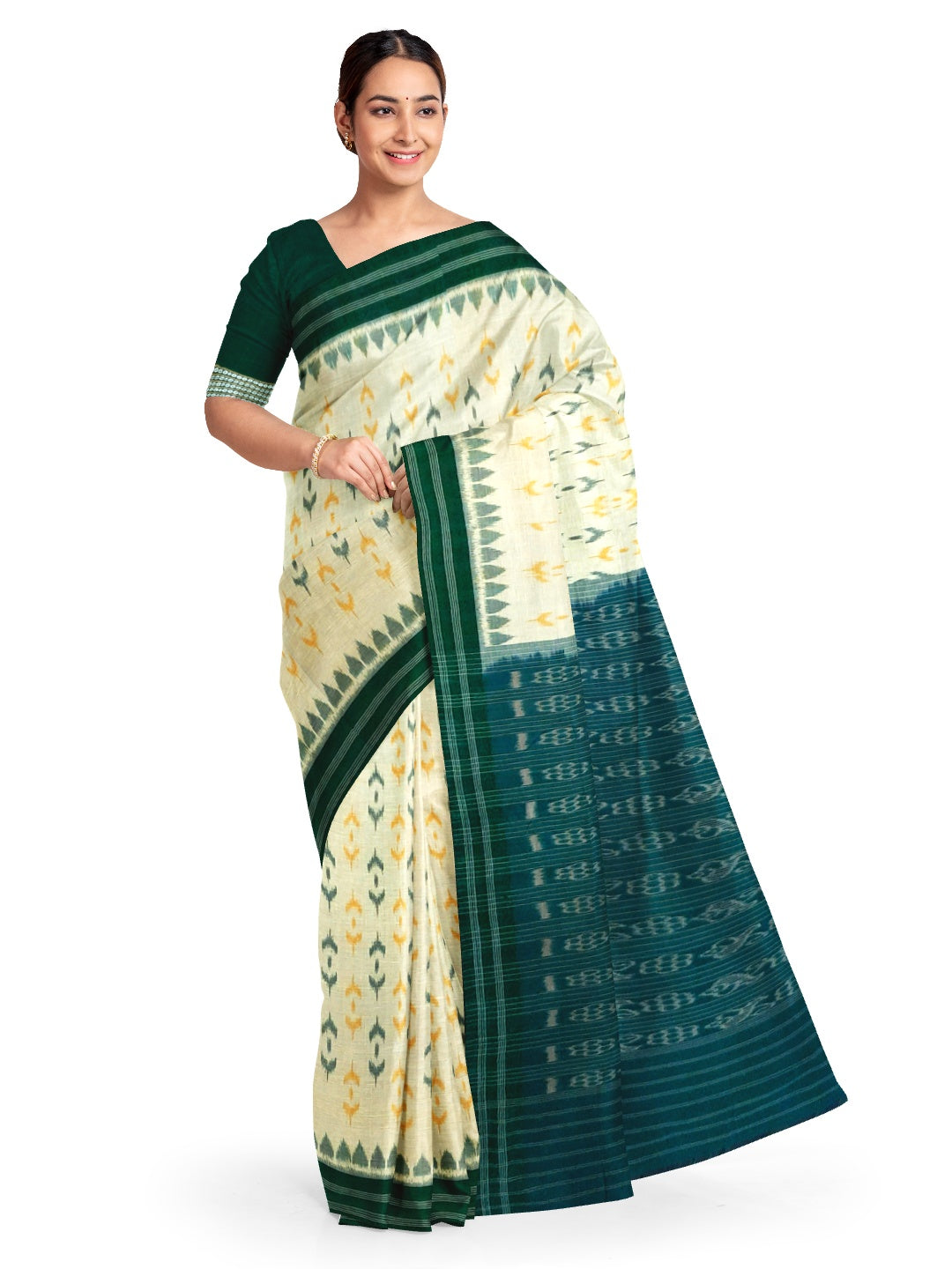 White with Green Cotton Odisha Ikat saree  with matching blouse piece