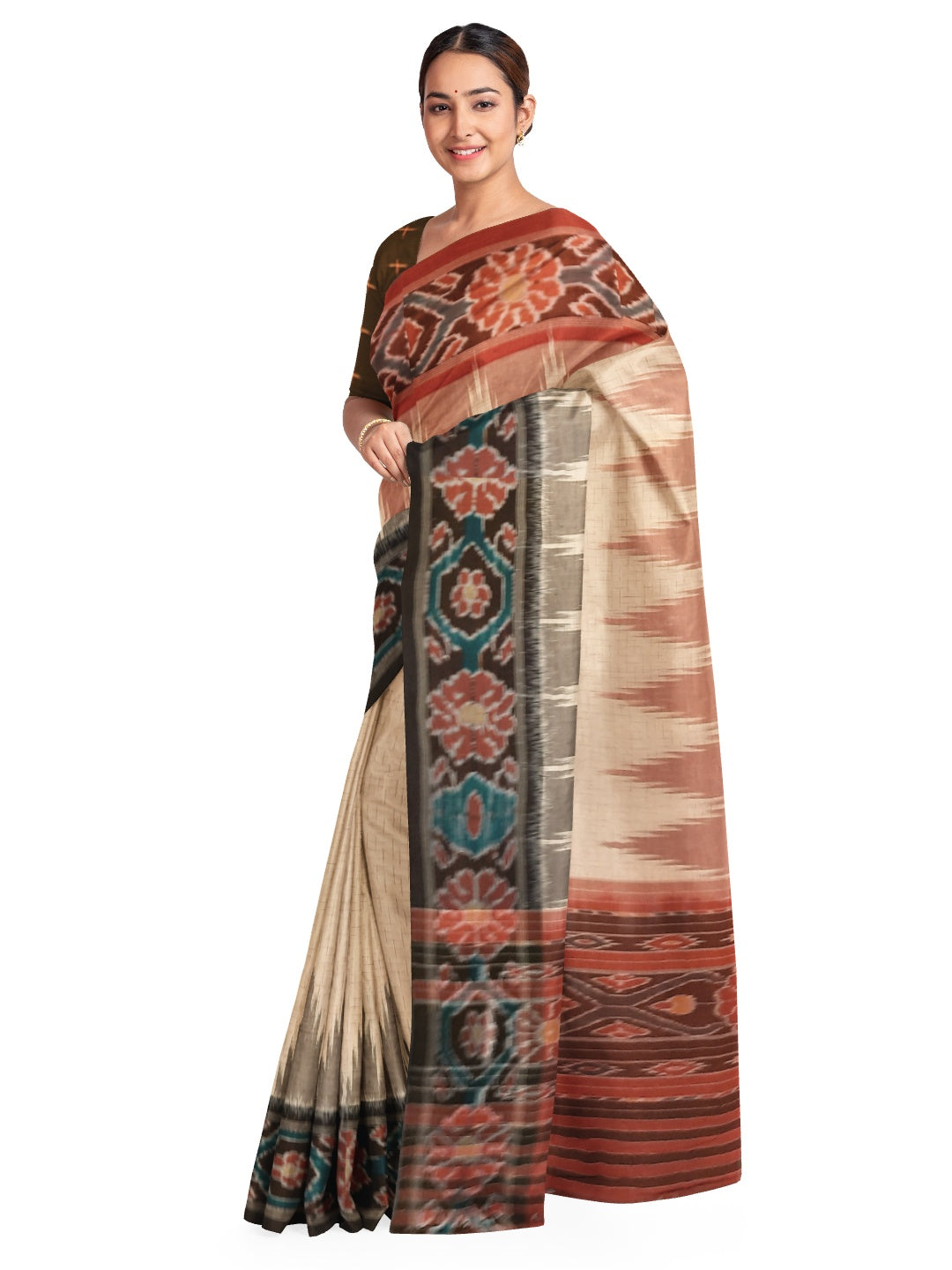Beige Gangajamuna Cotton Odisha Ikat saree  with mix match cotton ikat blouse