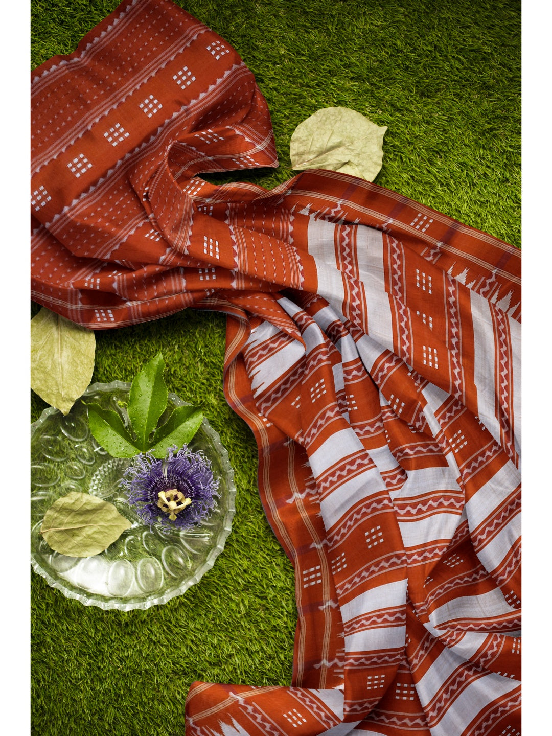 Rust Patli Pleats cotton Sambalpuri Saree with running blouse piece
