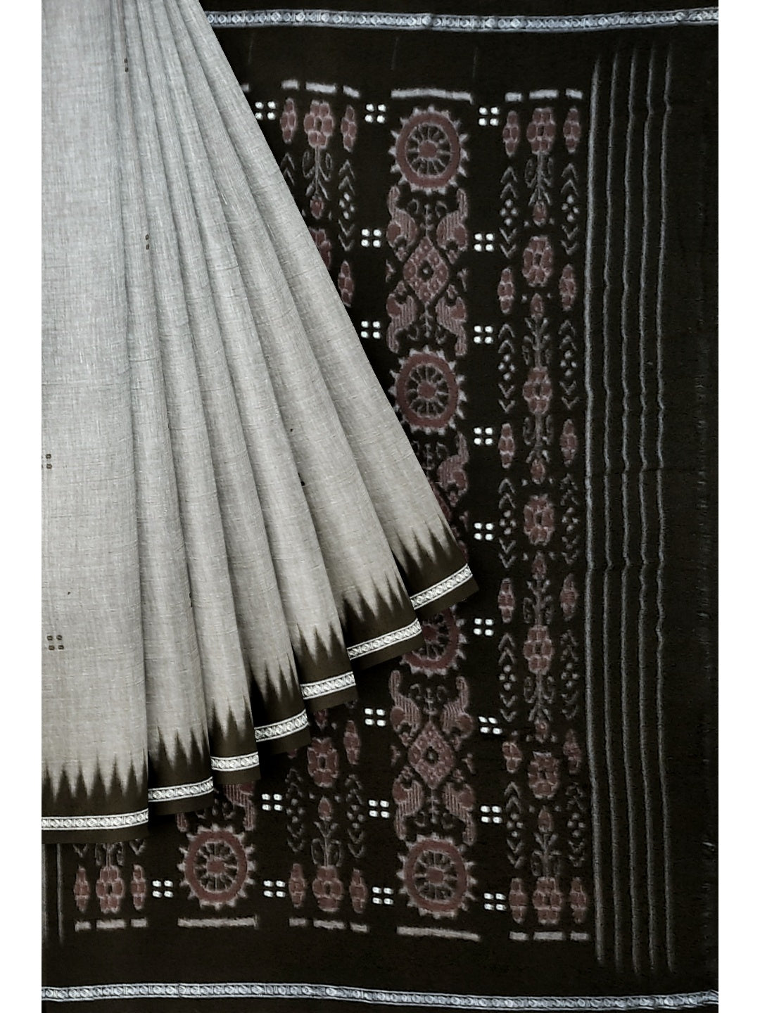 Grey Ekphulia Pattern Odisha Ikat Cotton Saree with cotton ikat blouse piece