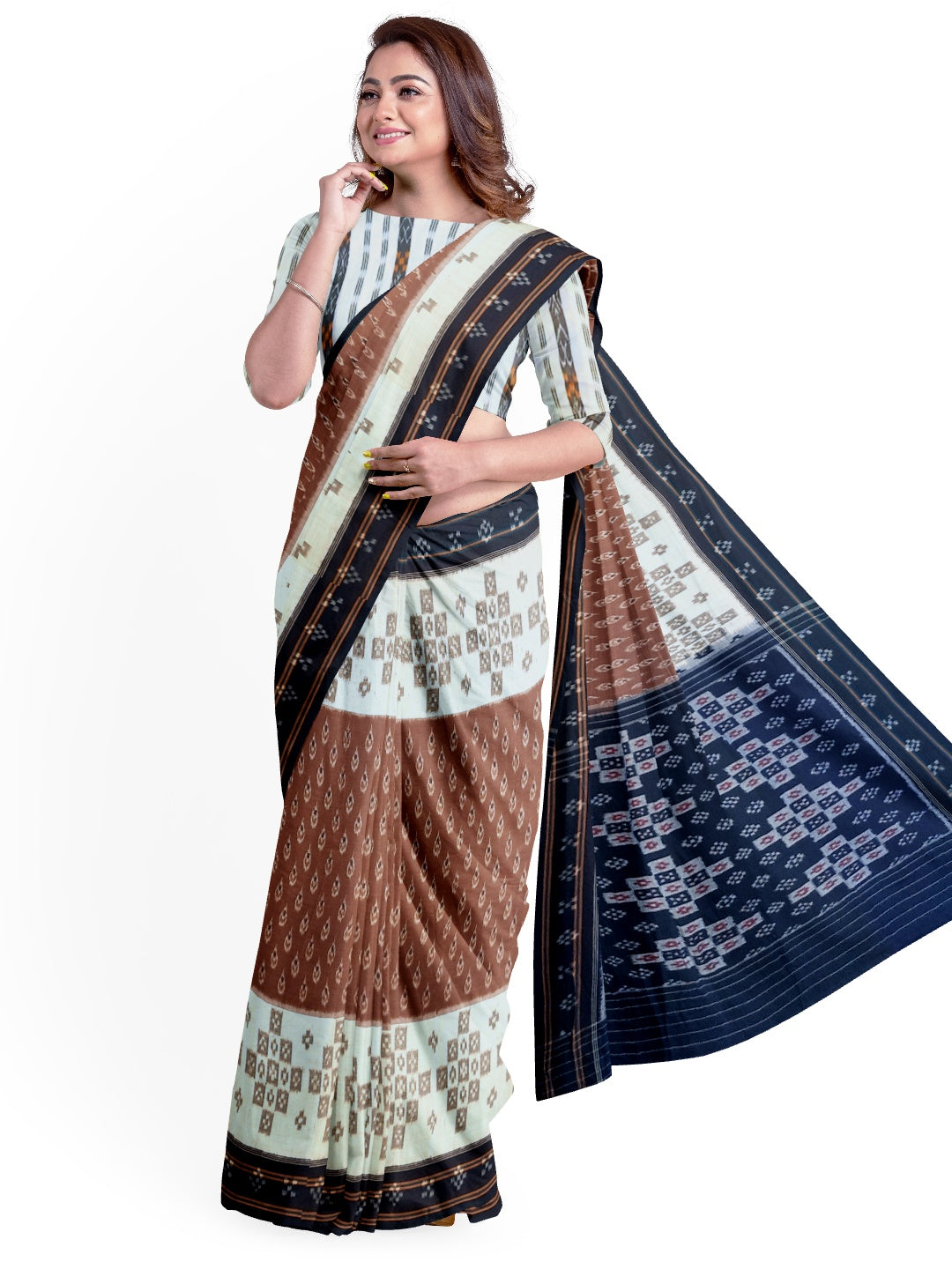 Brown and Black Cotton Odisha Ikat saree  with mix match cotton ikat blouse