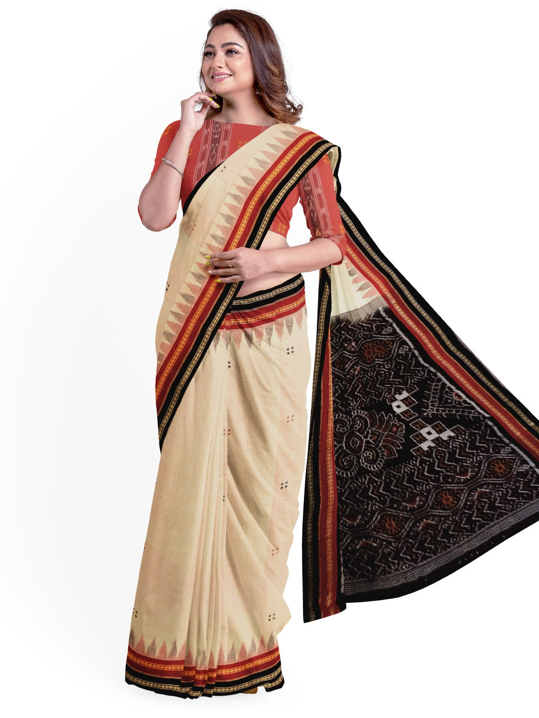 Cream cotton double border Odisha Ikat saree  with mix match cotton ikat blouse