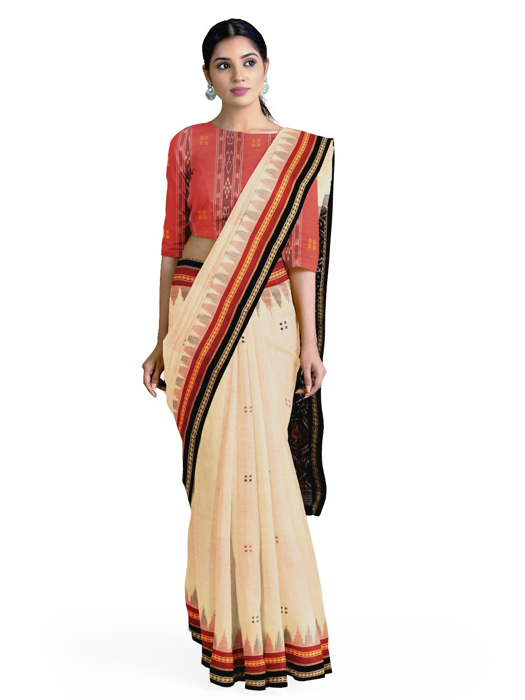 Cream cotton double border Odisha Ikat saree  with mix match cotton ikat blouse
