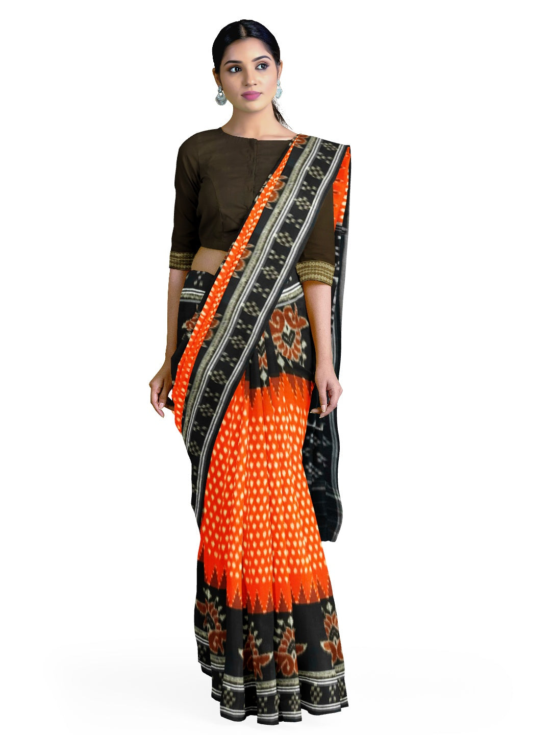Rust wide border Odisha Ikat saree with mix match cotton ikat blouse