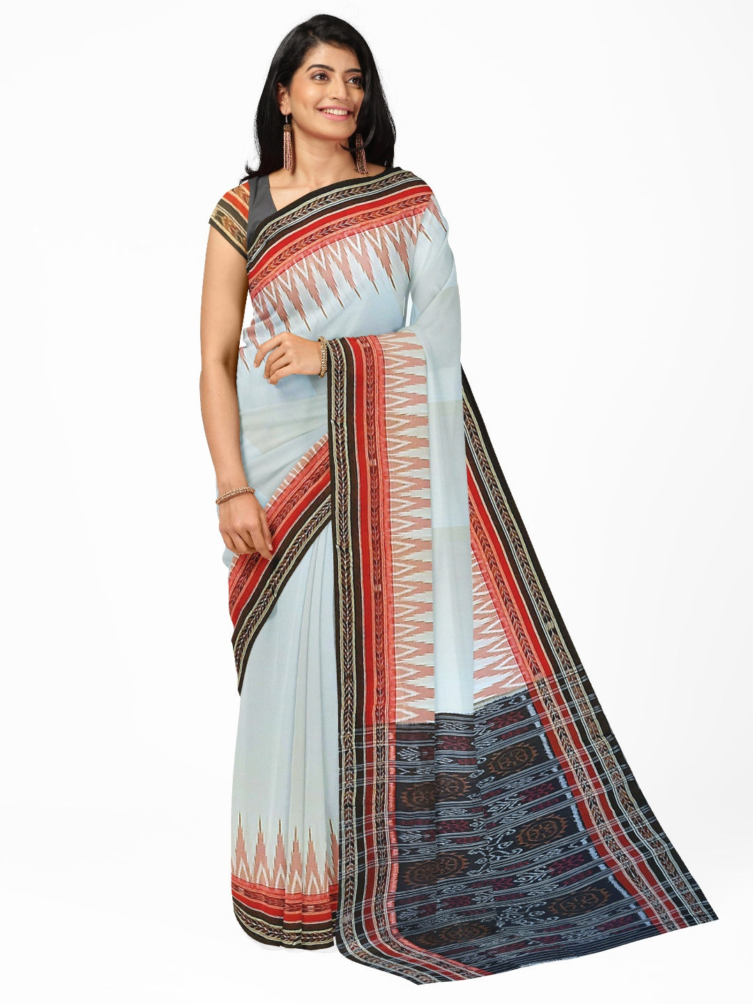 White double border Odisha Ikat saree with running blouse piece in black