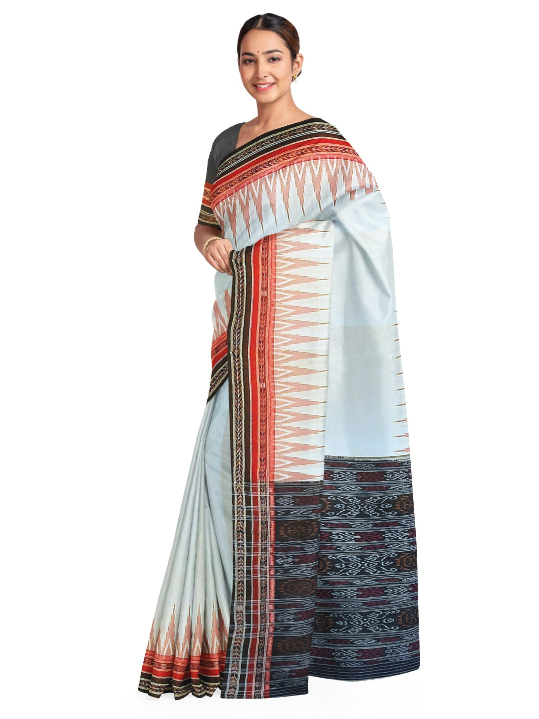 White double border Odisha Ikat saree with running blouse piece in black