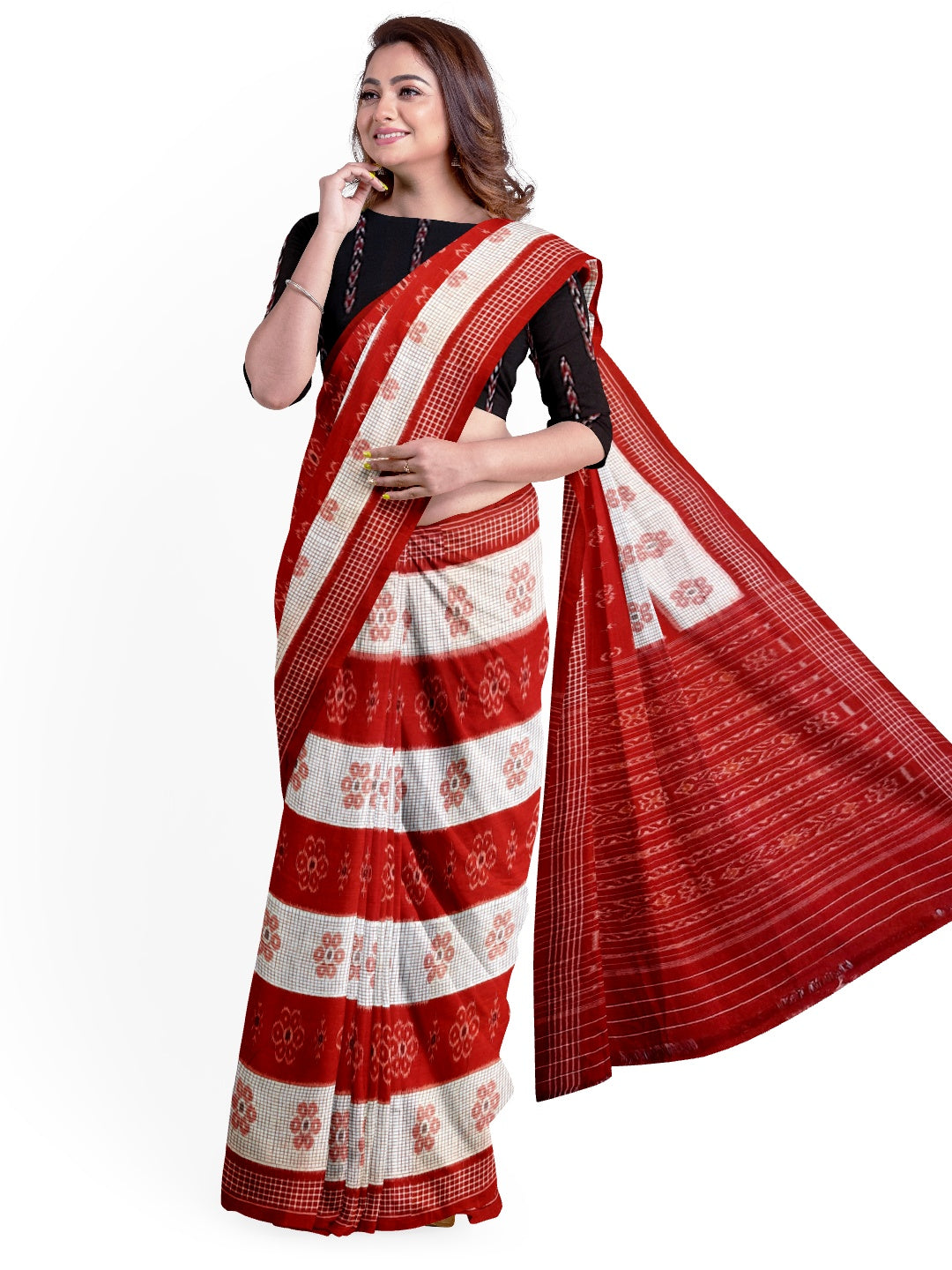White Red Odisha Ikat saree with mix match cotton ikat blouse piece