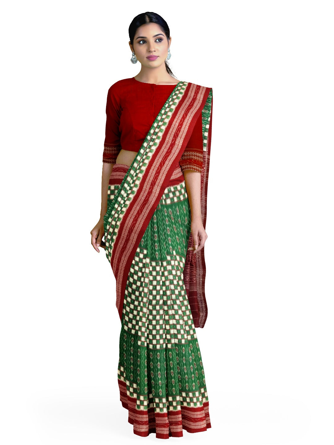 Green Maroon cotton Sambalpuri Saree with mix match cotton Ikat blouse piece