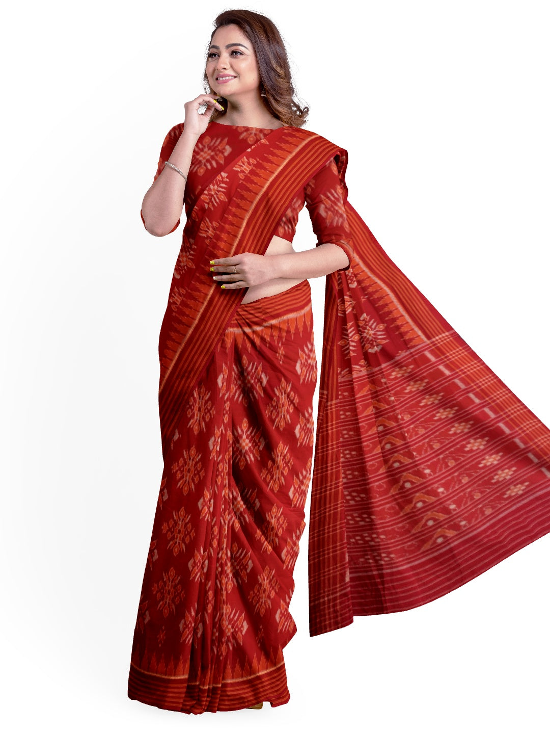 Red Khandua Cotton Odisha Ikat saree with running blouse piece
