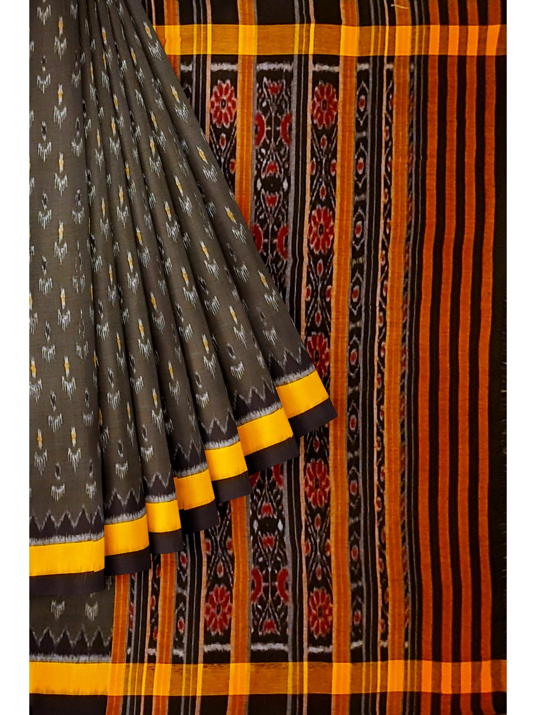 Grey Cotton Odisha Ikat saree  with  cotton ikat blouse piece